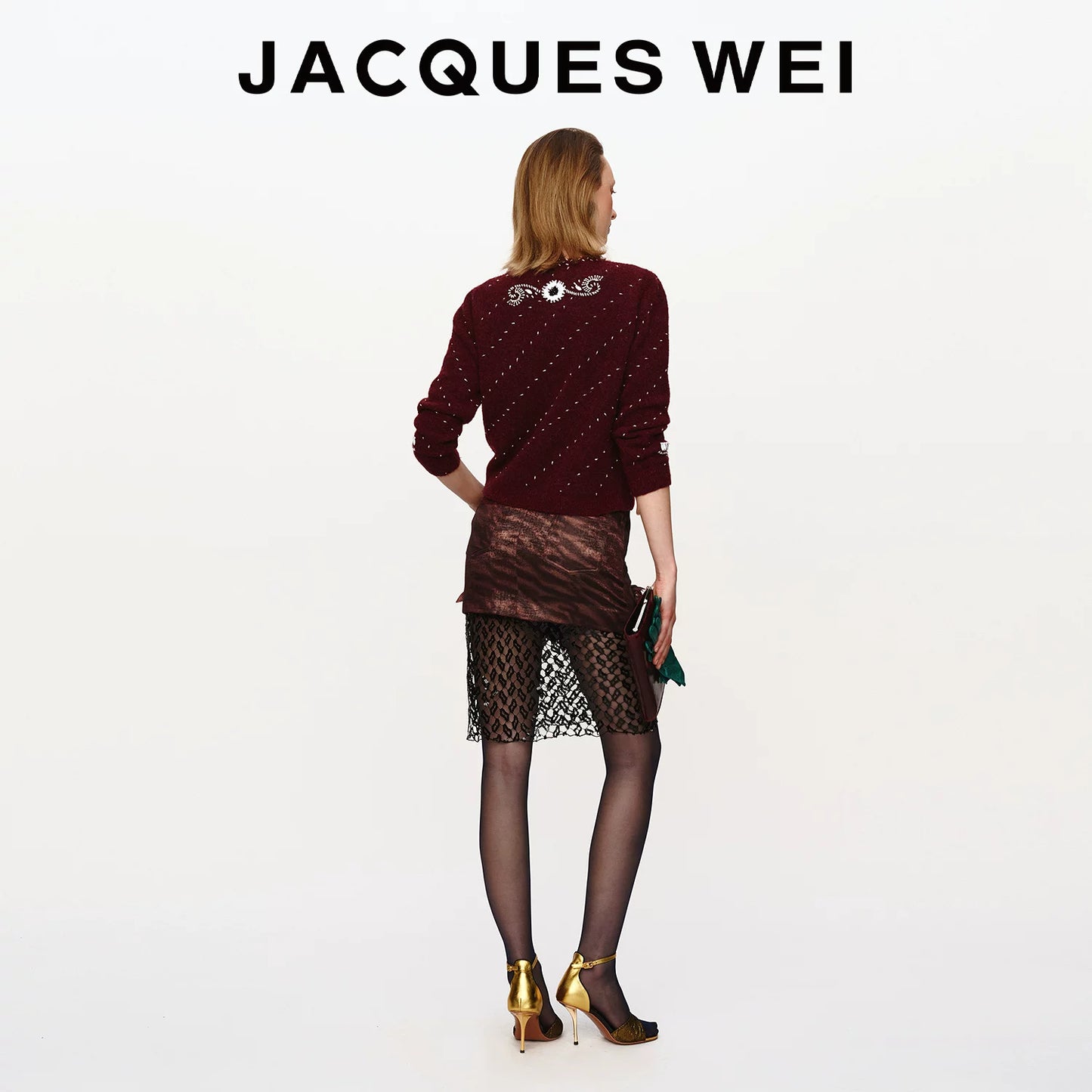Burgundy Floral Lace-Trim Sheer Sequin Skirt