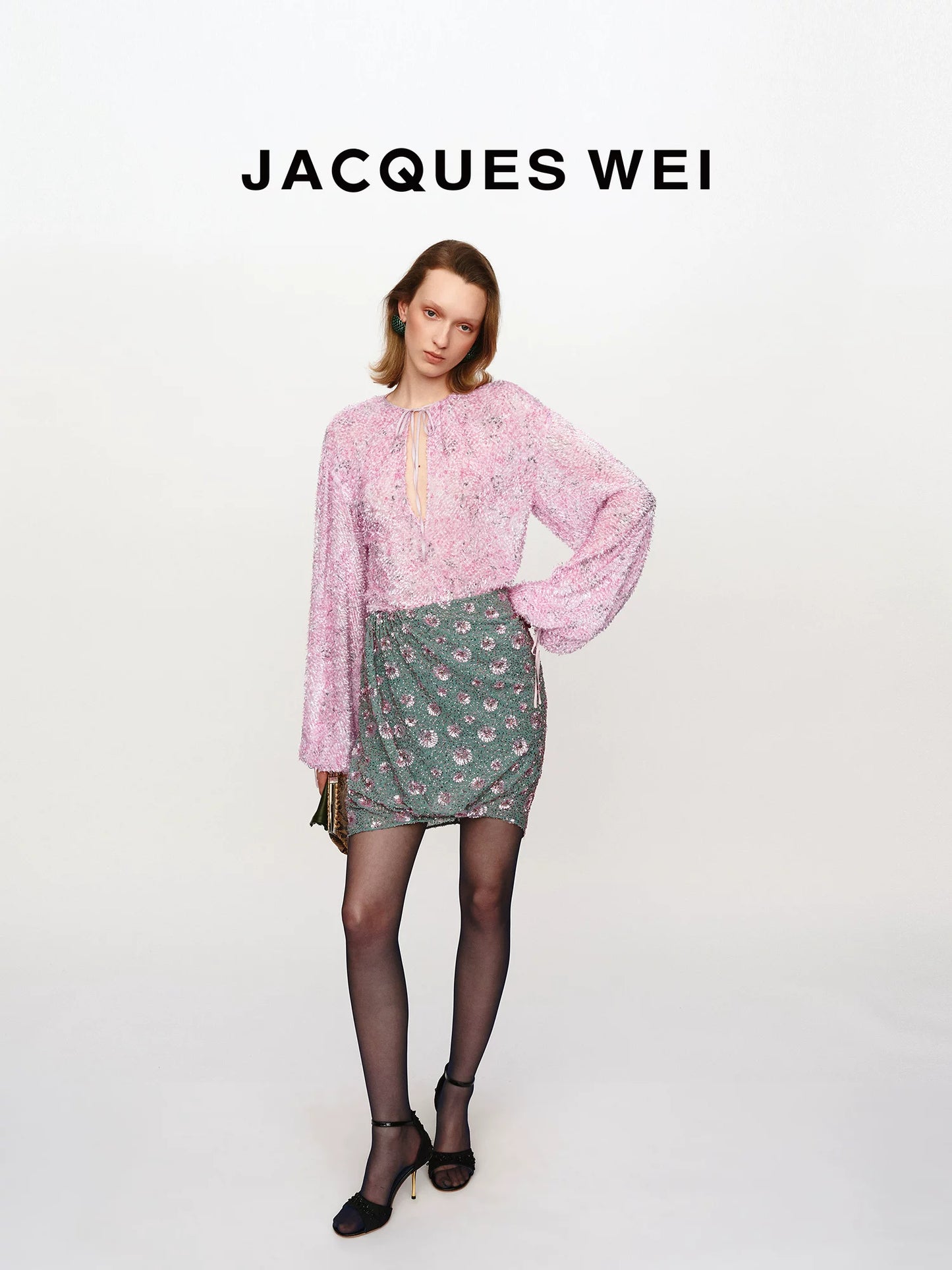 Pink Frayed Silk-Blend Irregular V-Neck Tie Blouse