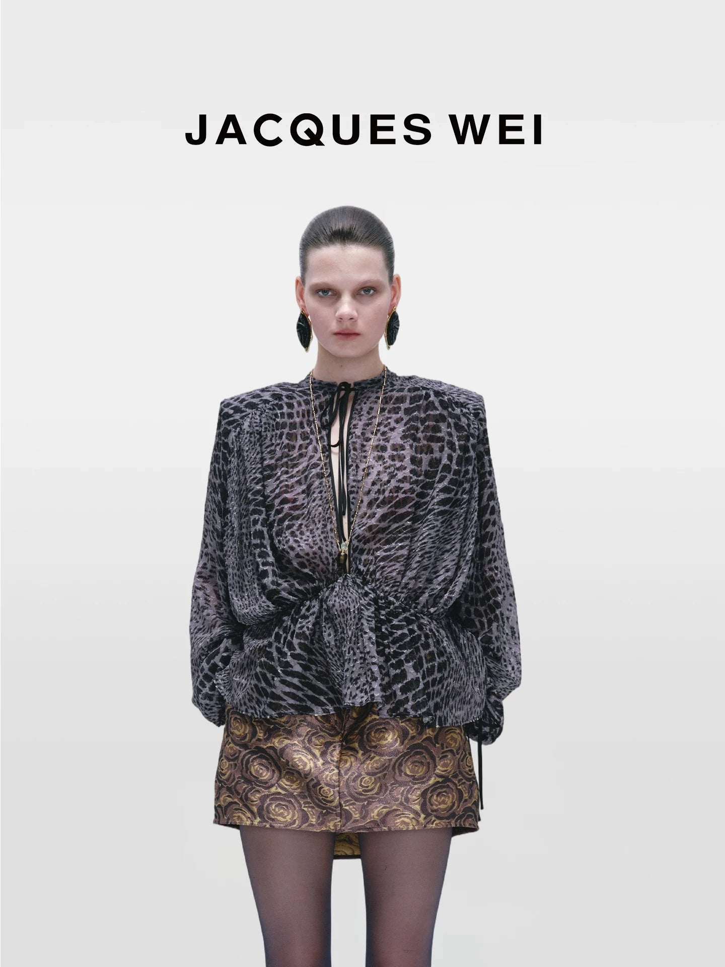 Dark Grey Fish Scale Print Silk Blouse