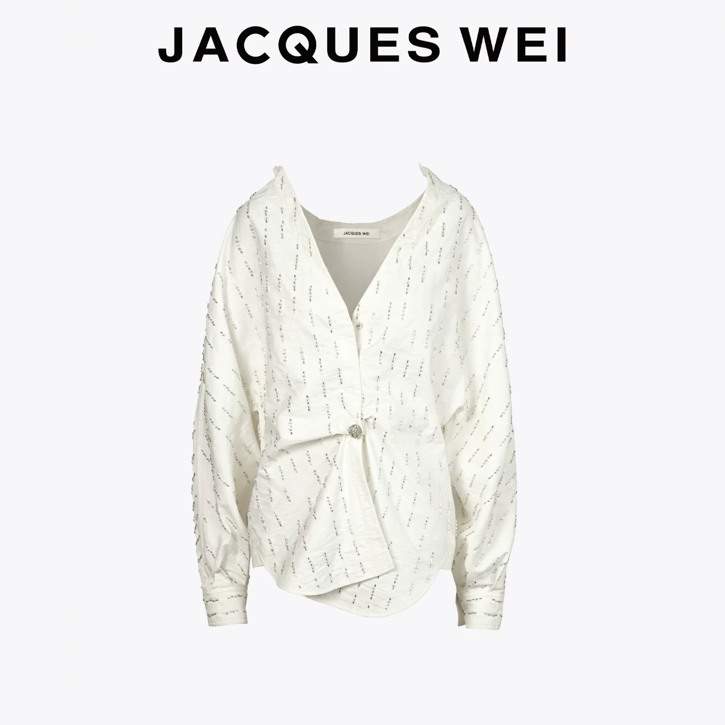 White Beaded Floral-Button Drop-Shoulder Shirt