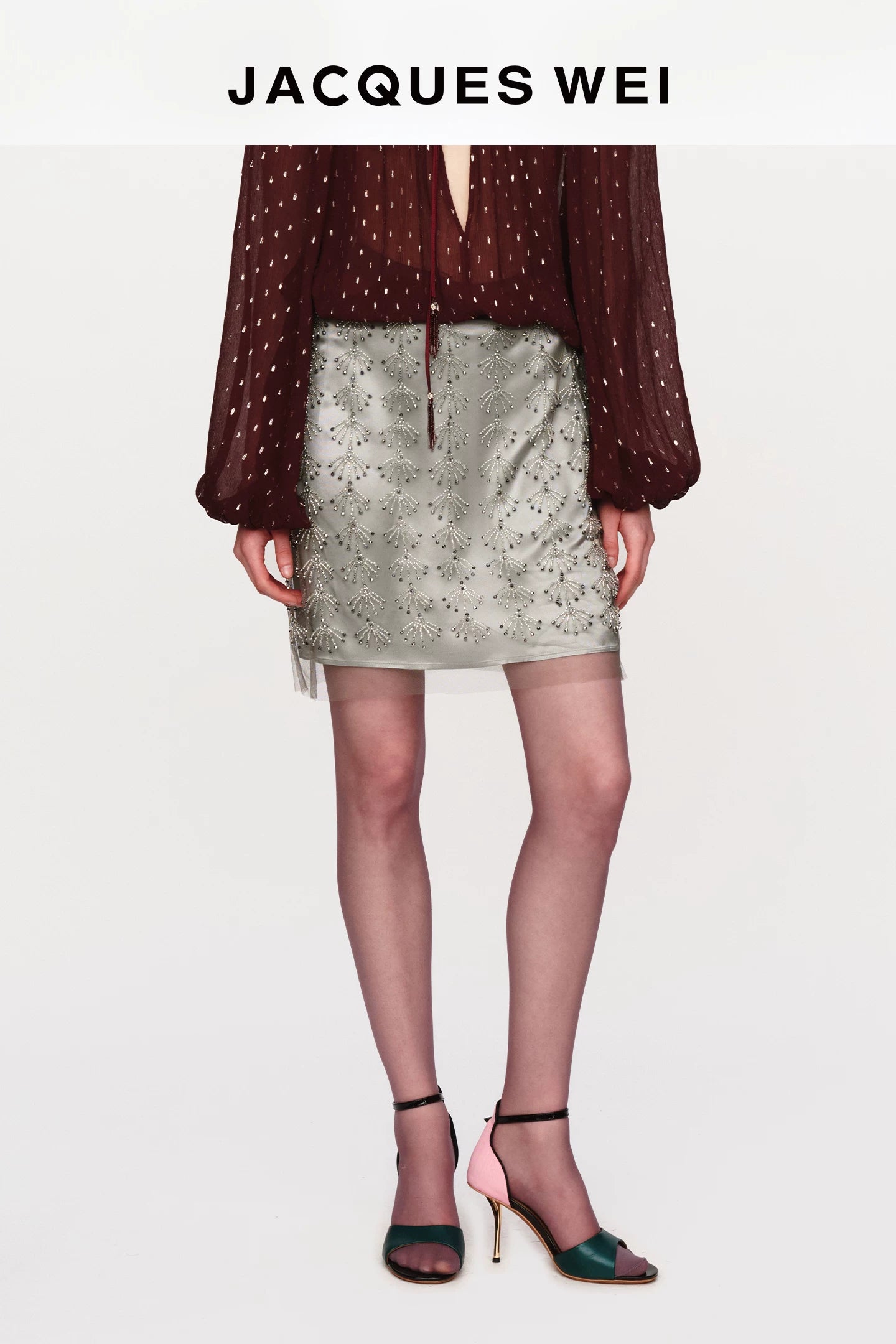 Silver Embellished Satin Midi Skirt