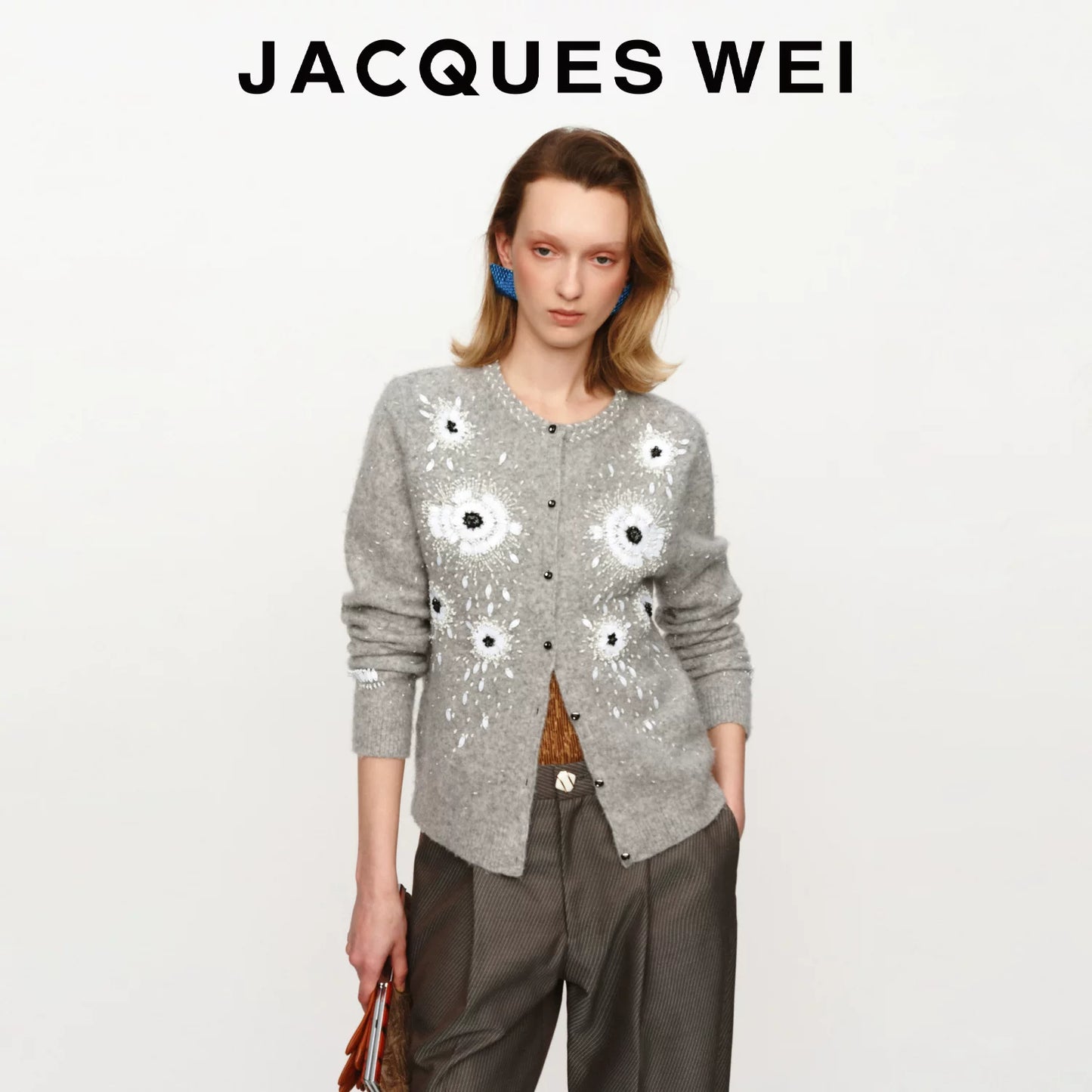 Gray Floral Beaded Wool Cardigan