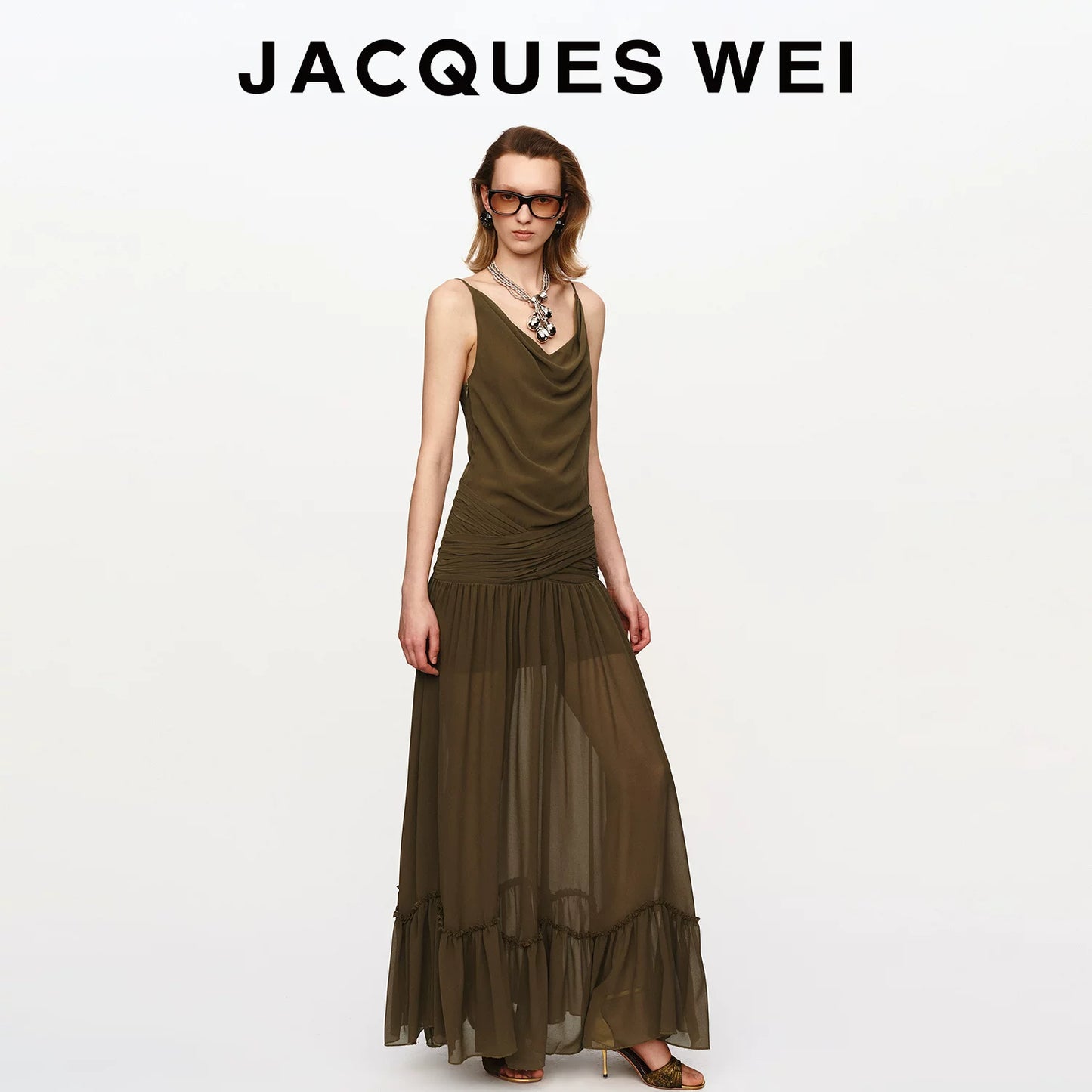 Olive Green Ruched-Waist Sheer Suspender Dress