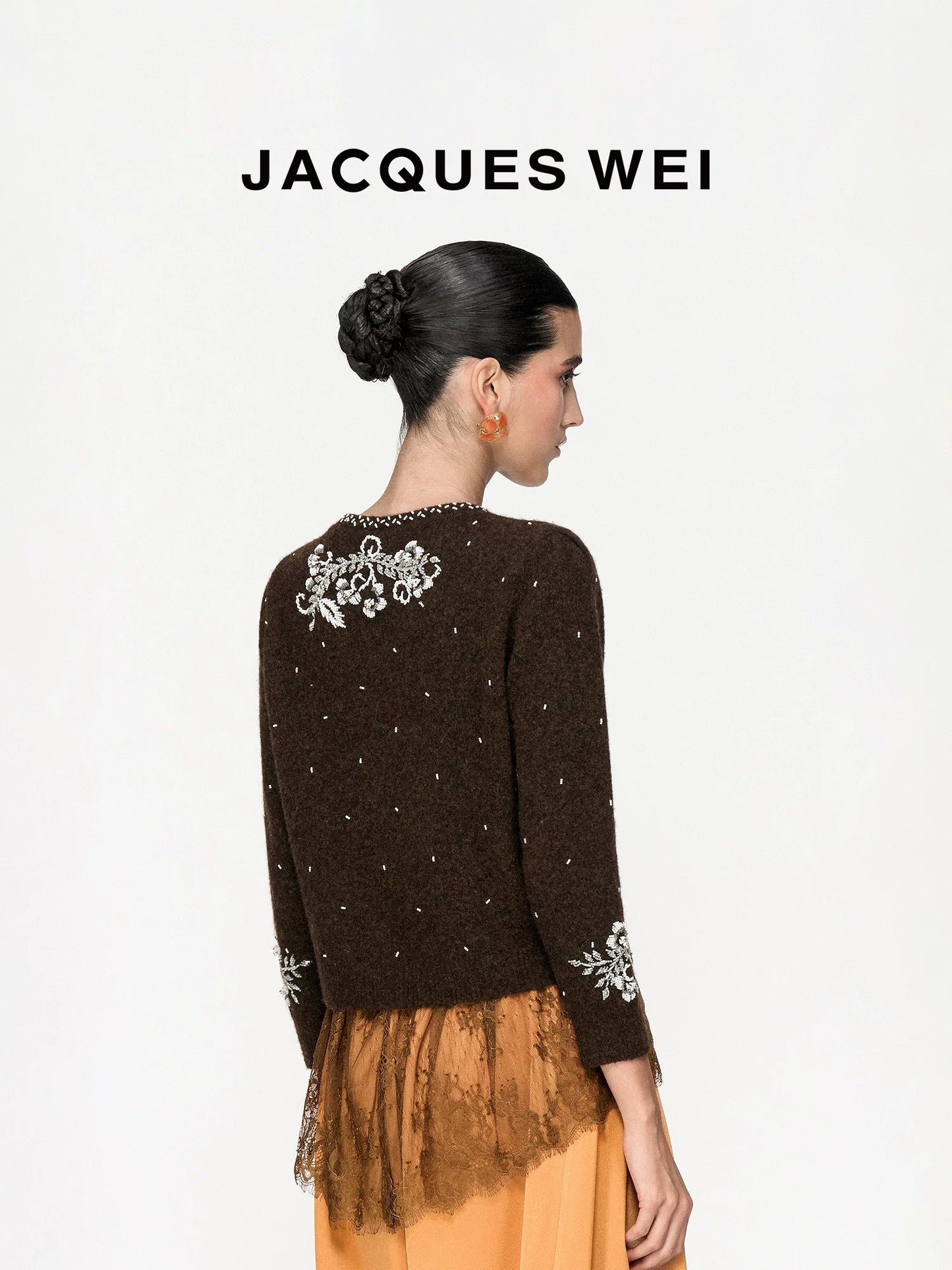 Deep Brown Floral Beaded Wool Cardigan