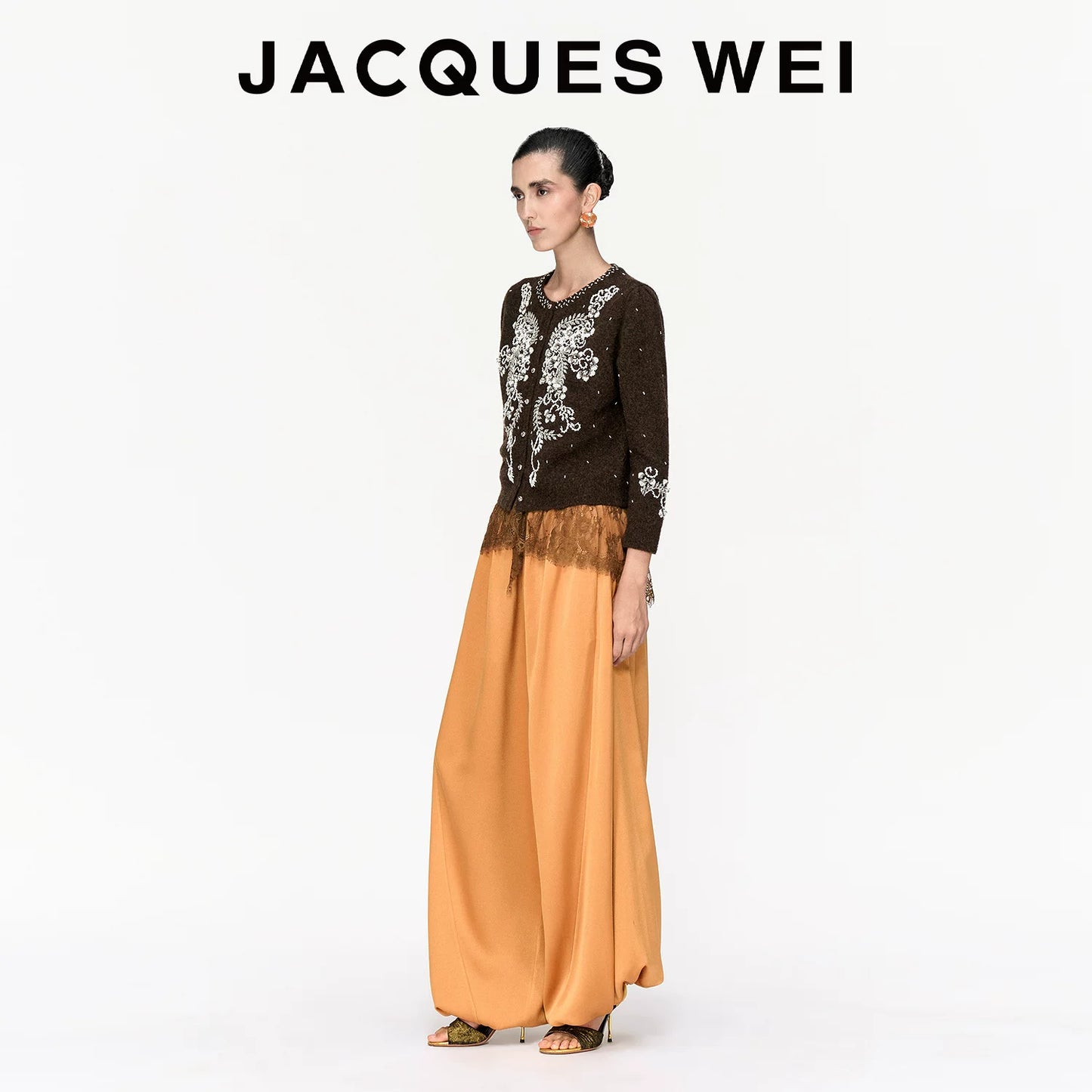 Deep Brown Floral Beaded Wool Cardigan