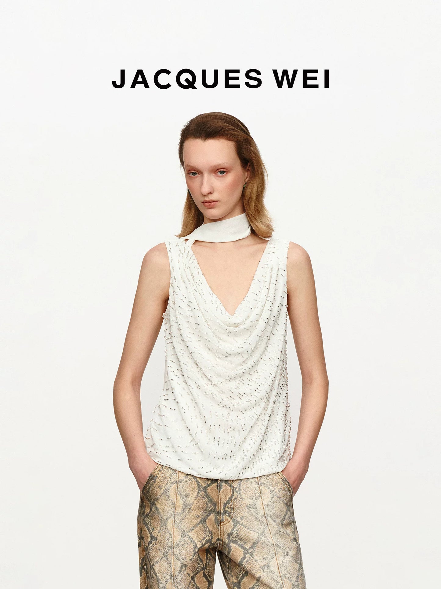 White Beaded Cowl Neck Halter Top