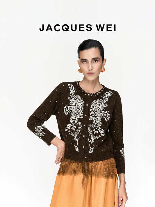 Deep Brown Floral Beaded Wool Cardigan