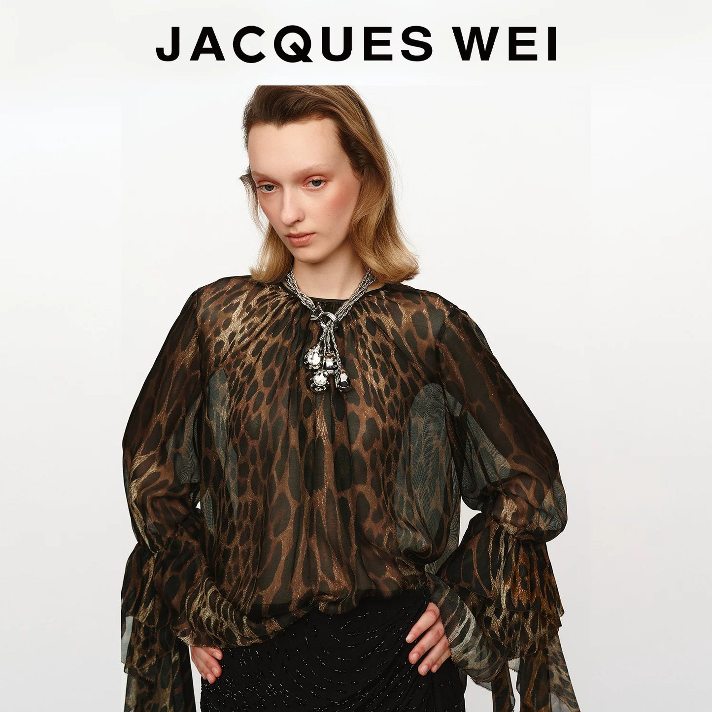 Leopard-Print Sheer Blouse with Petal-Edge Sleeves