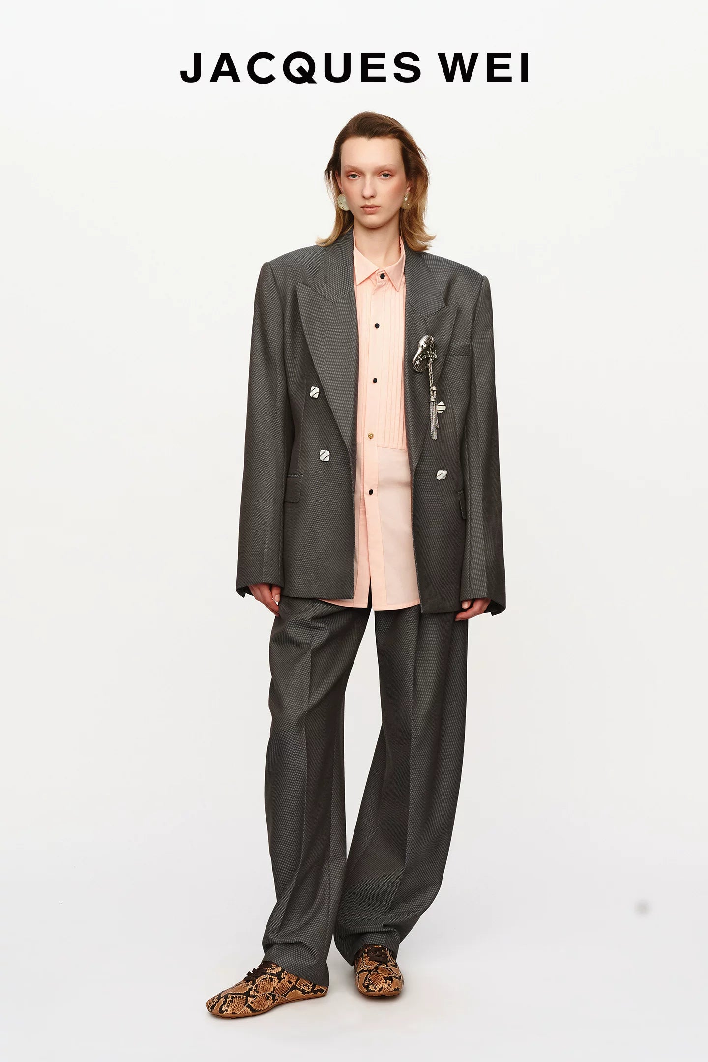 Pewter Grey Wool Blend Pinstripe Blazer