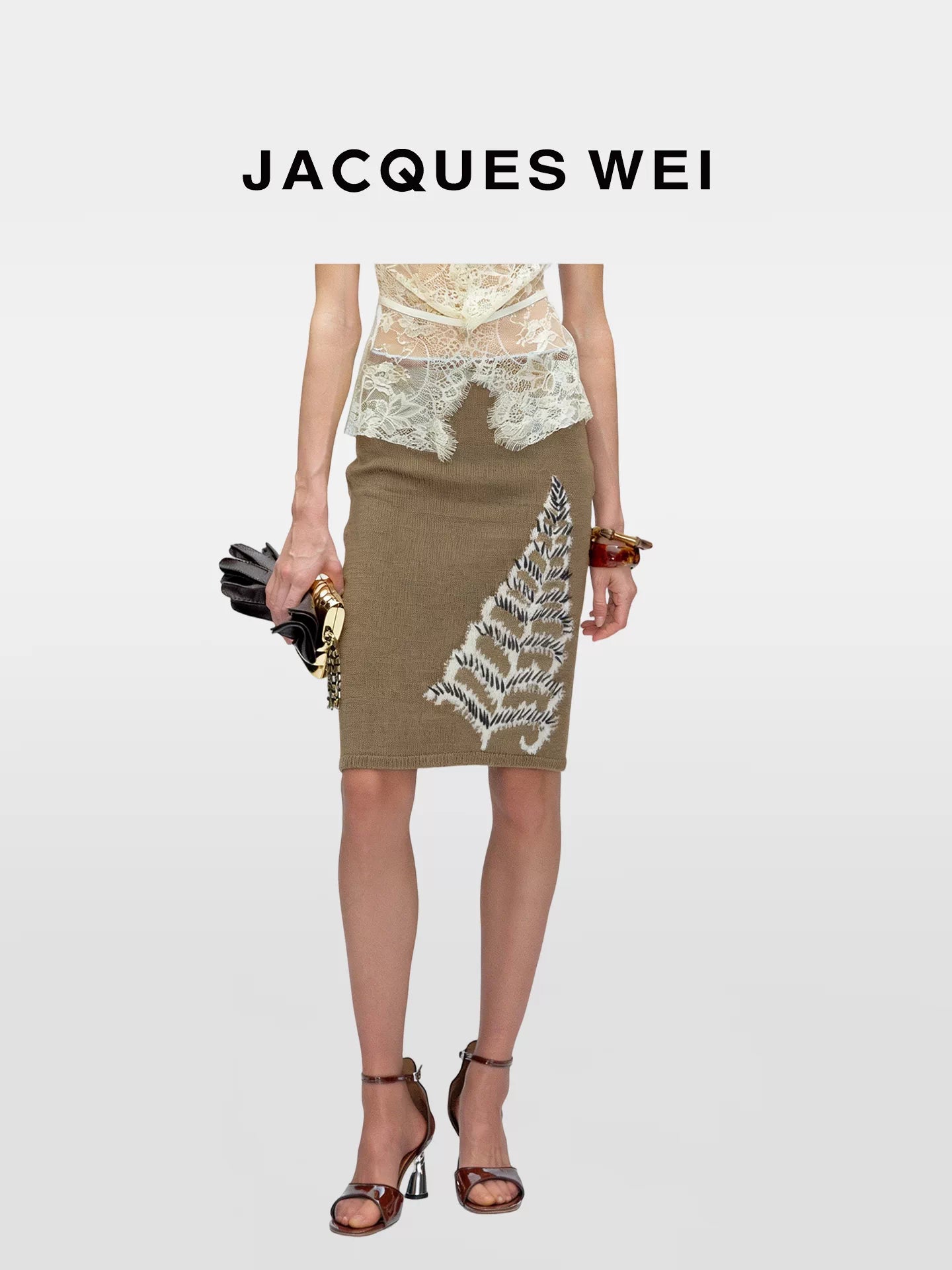 Dark Gold Floral Pointelle Knit Midi Skirt