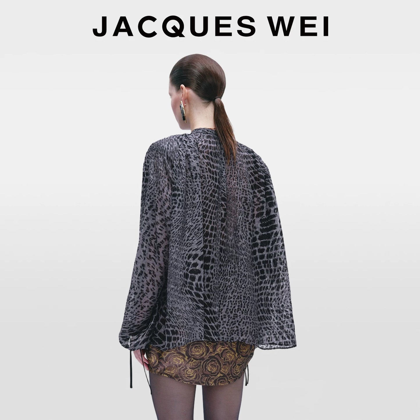 Dark Grey Fish Scale Print Silk Blouse