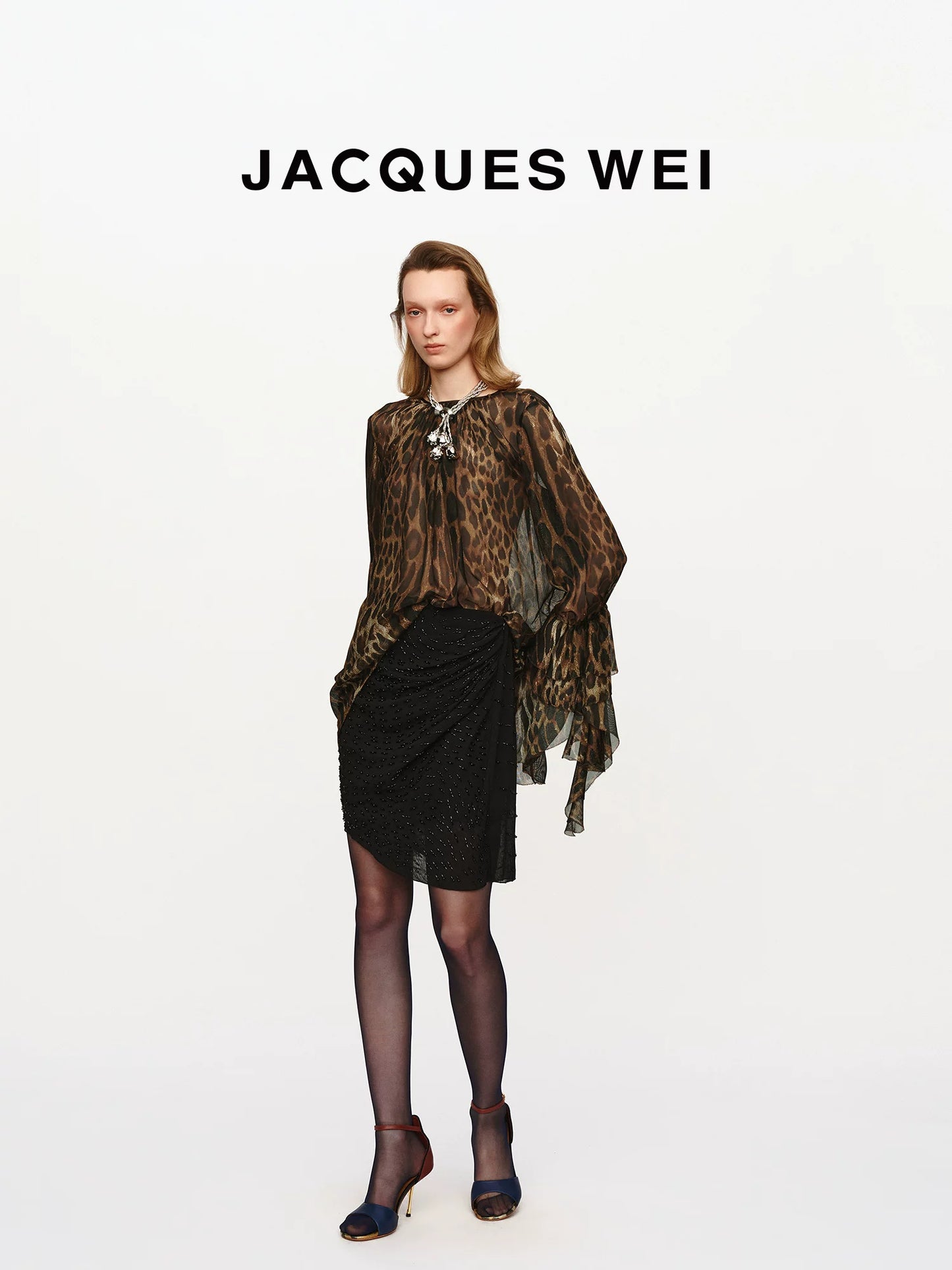 Leopard-Print Sheer Blouse with Petal-Edge Sleeves