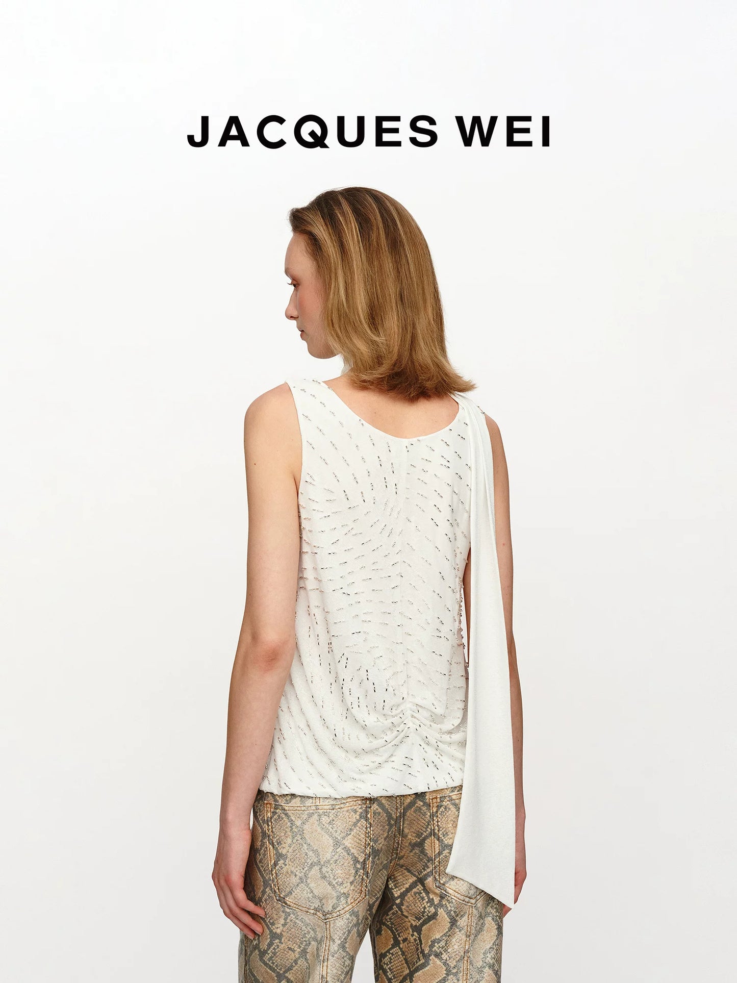 White Beaded Cowl Neck Halter Top