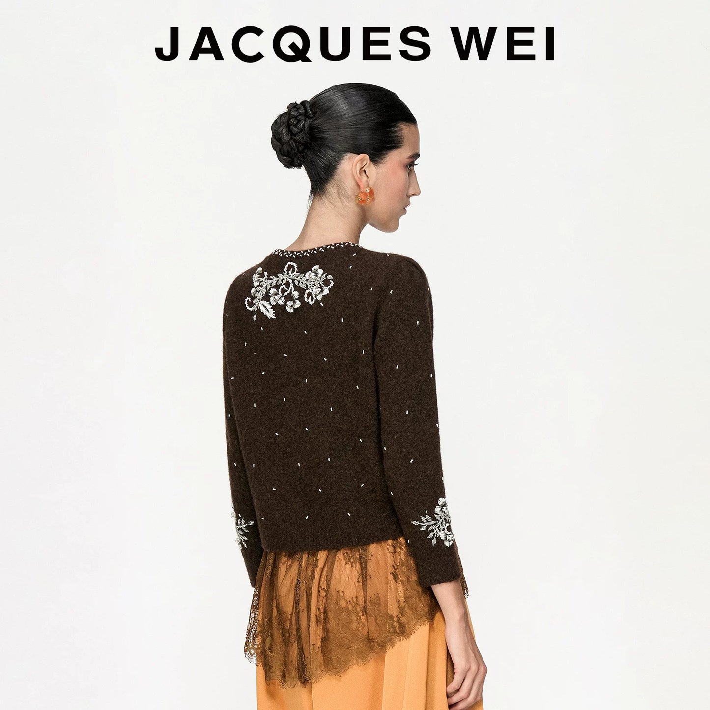 Deep Brown Floral Beaded Wool Cardigan