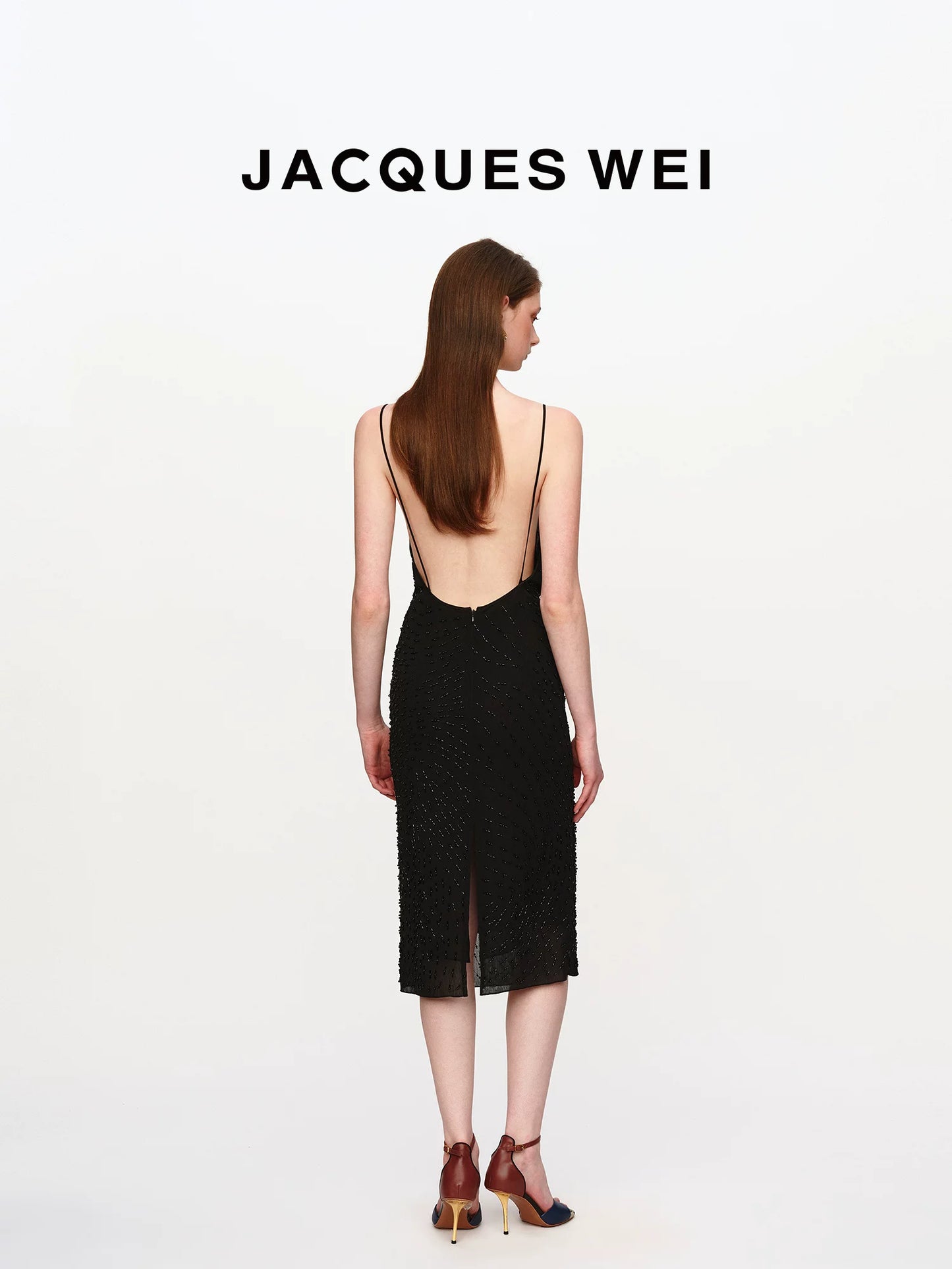 Black Beaded Draped Halter Dress