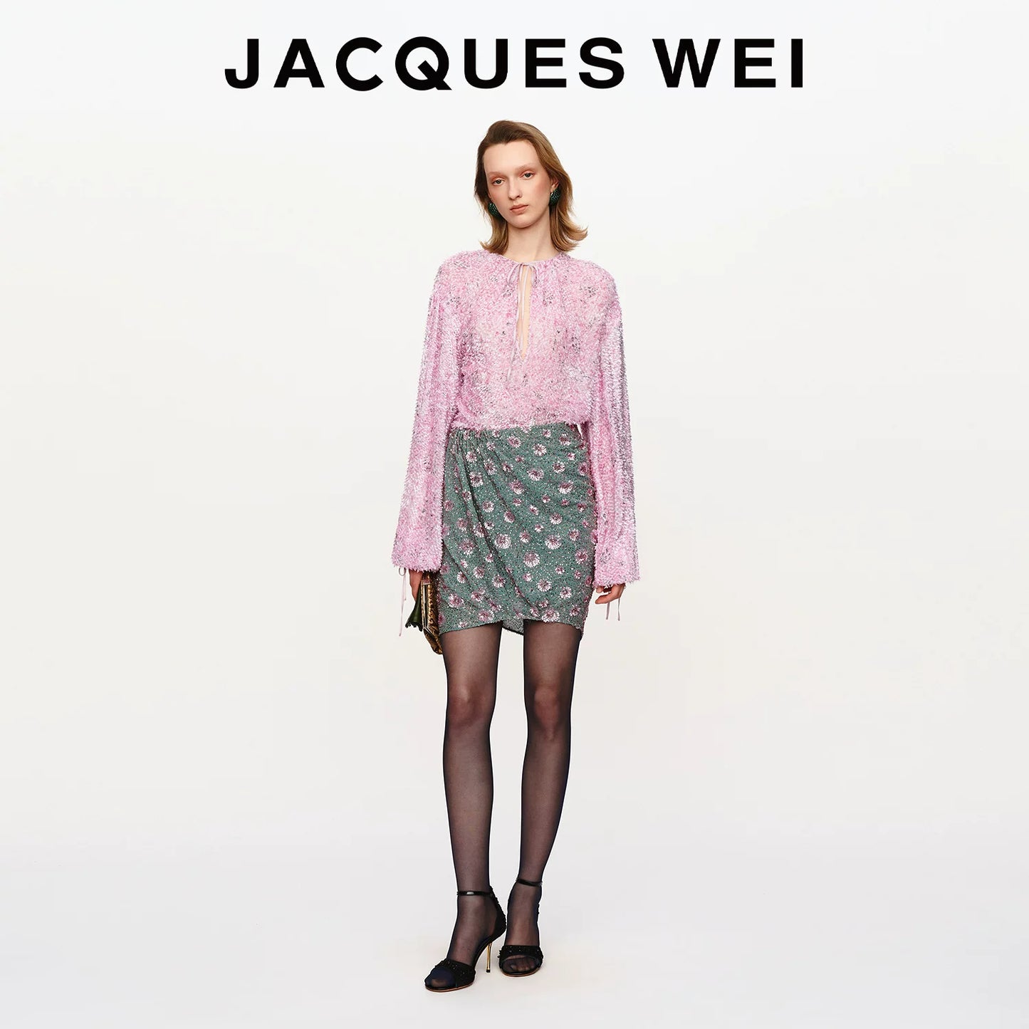 Pink Frayed Silk-Blend Irregular V-Neck Tie Blouse