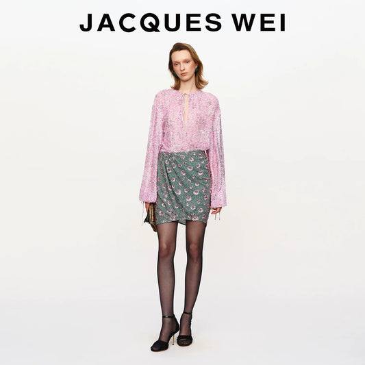 Pink Frayed Silk-Blend Irregular V-Neck Tie Blouse