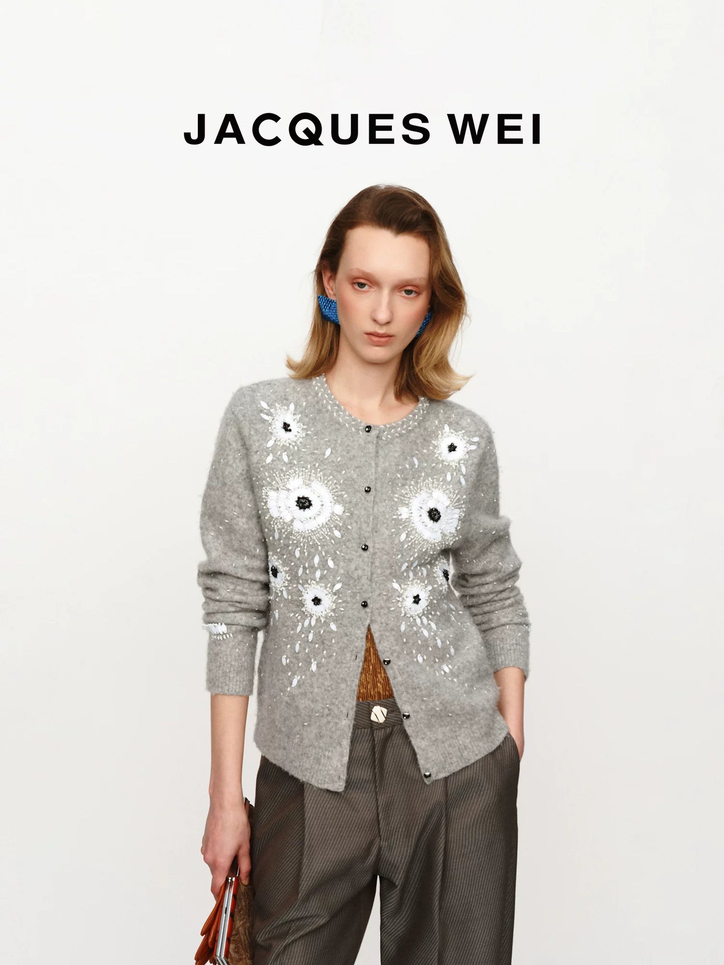 Gray Floral Beaded Wool Cardigan