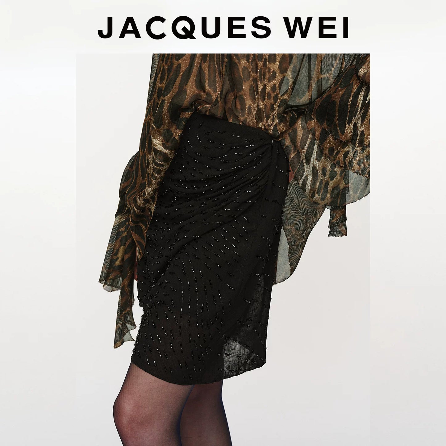 Black Hand-Beaded Pleated Midi Skirt