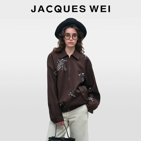 Dark Brown Floral-Embroidered Jacket