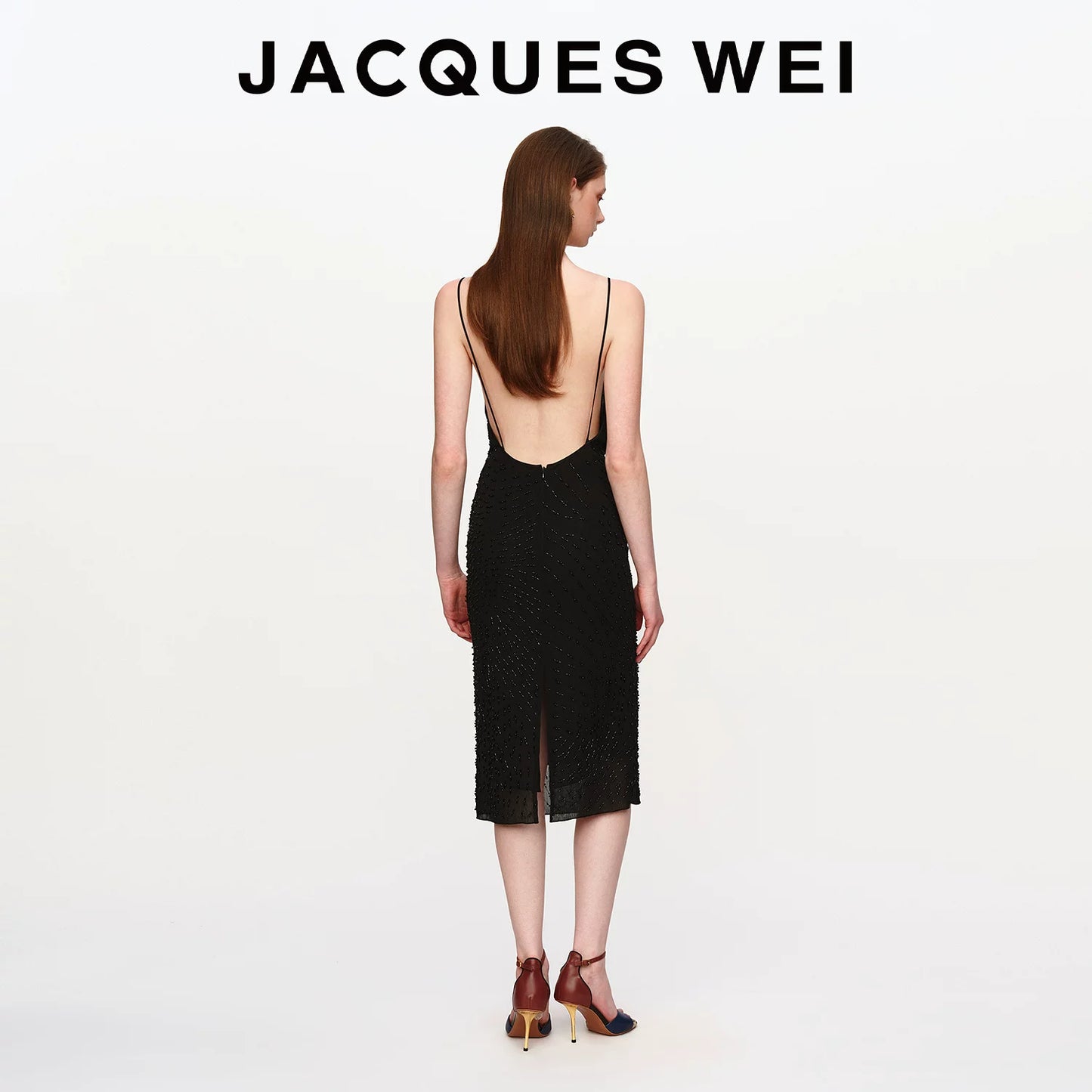 Black Beaded Draped Halter Dress