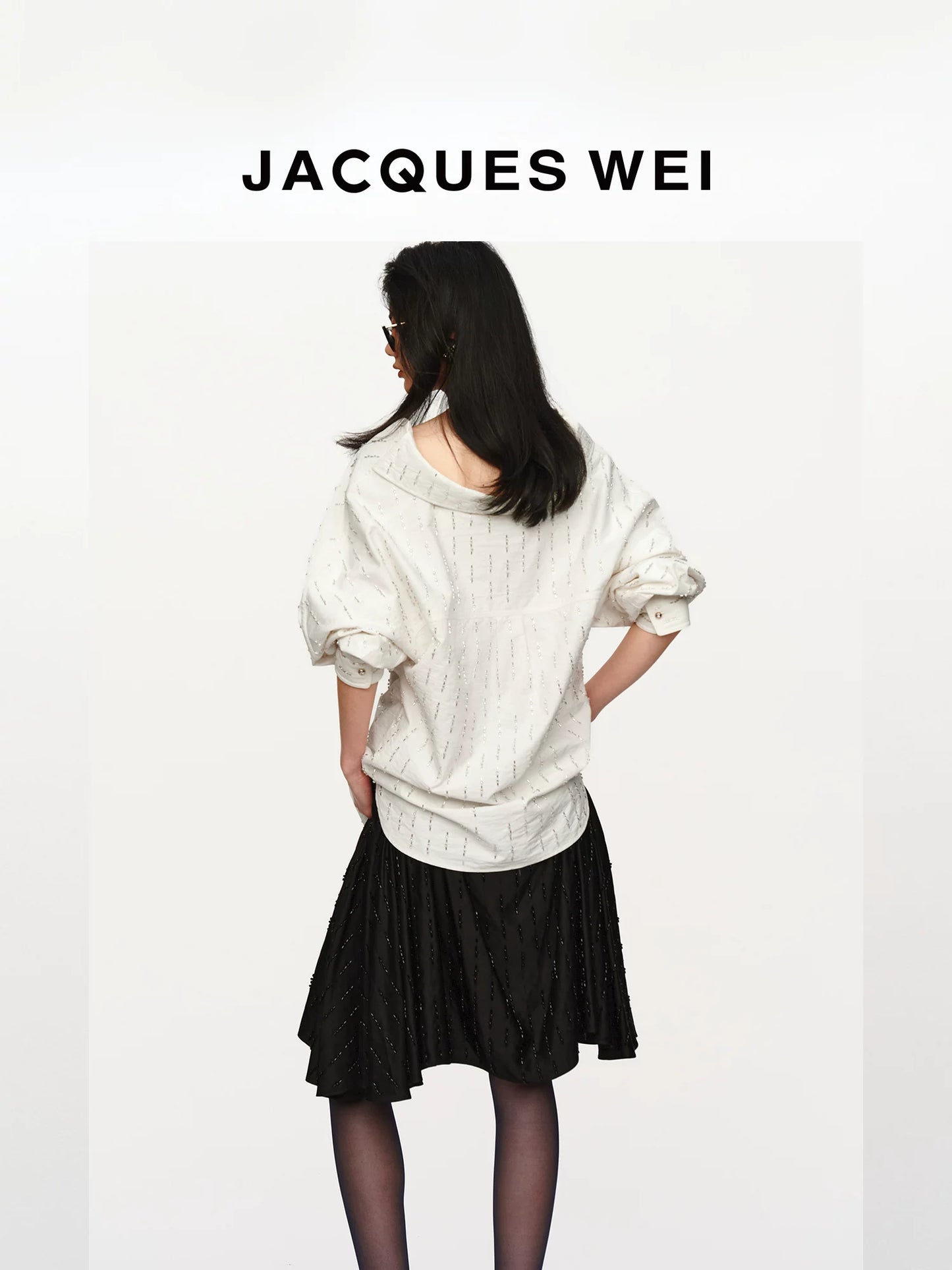 White Beaded Floral-Button Drop-Shoulder Shirt