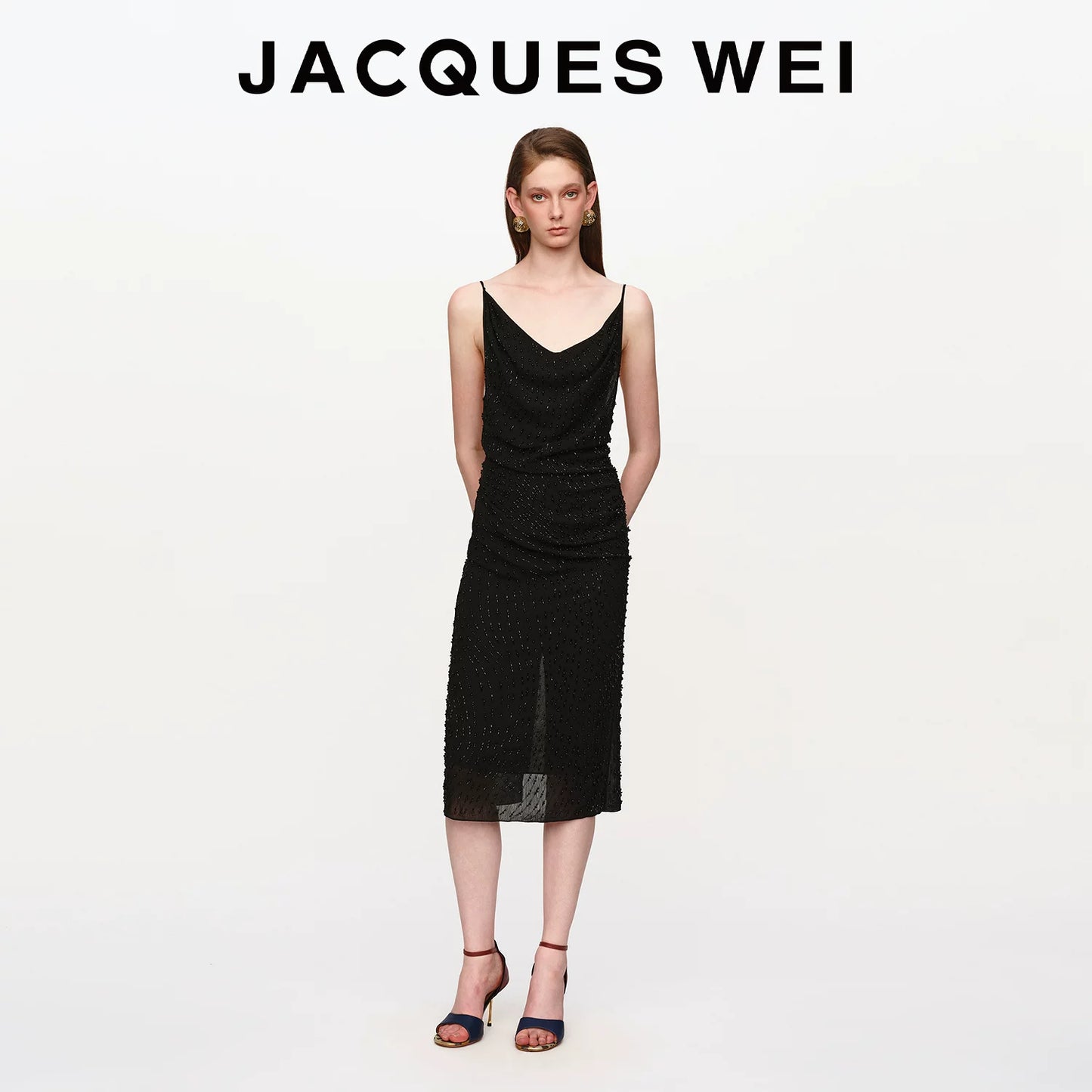 Black Beaded Draped Halter Dress