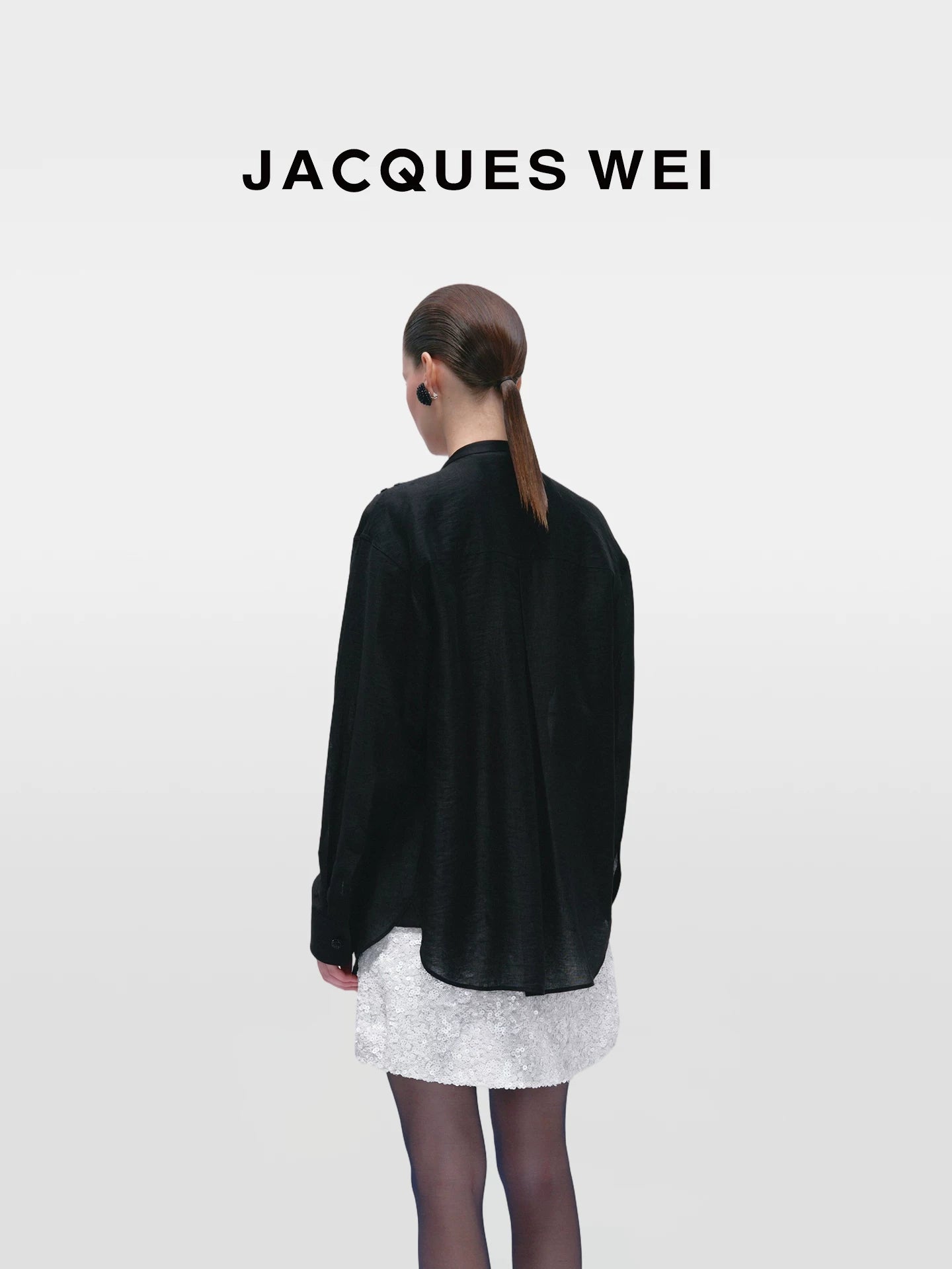 Black Crocodile-Embossed Beaded Collarless Shirt
