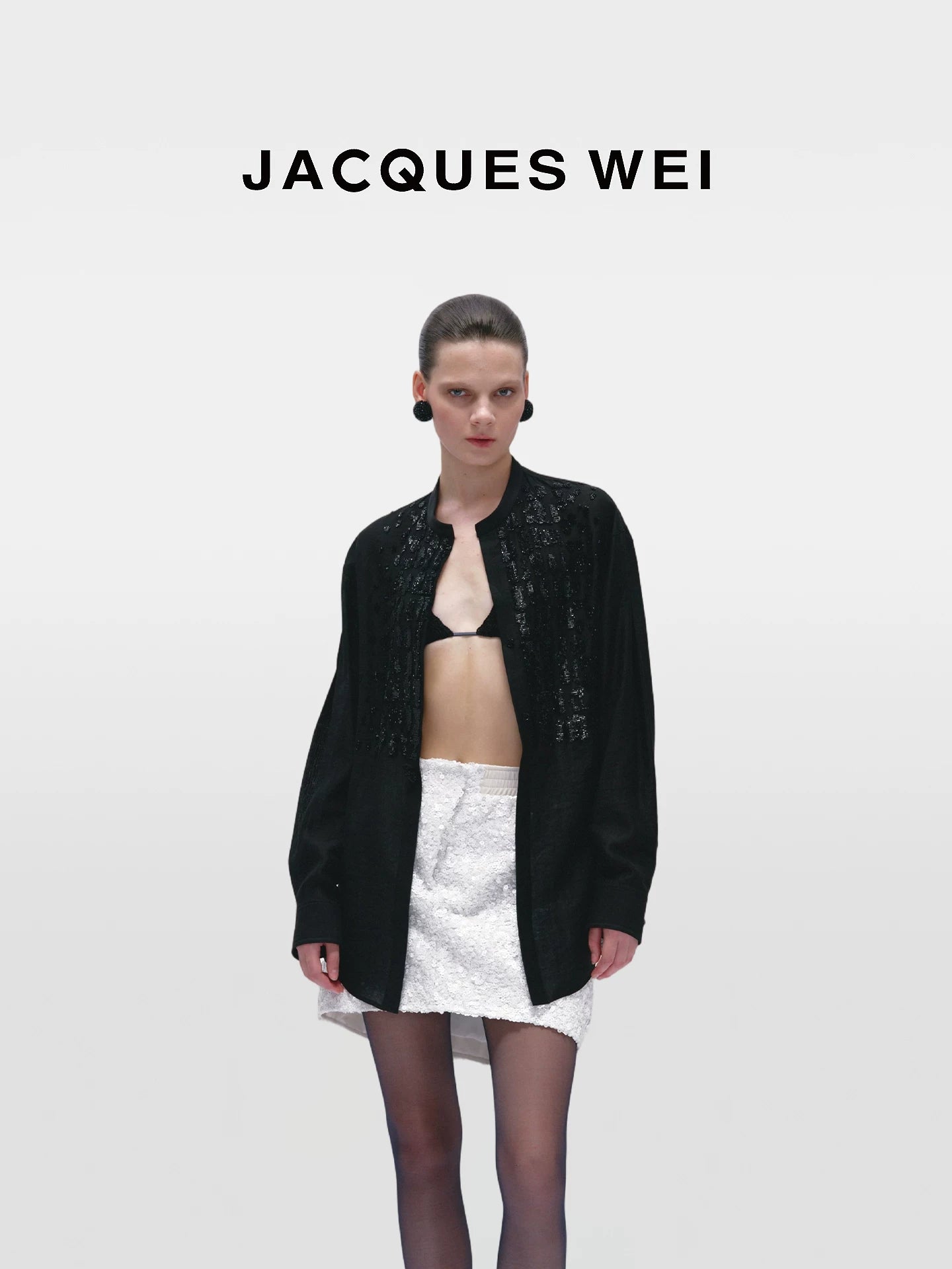 Black Crocodile-Embossed Beaded Collarless Shirt