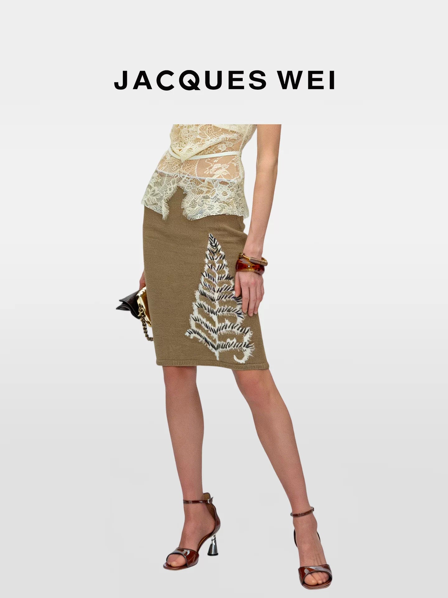 Dark Gold Floral Pointelle Knit Midi Skirt