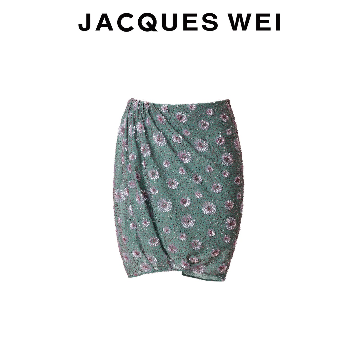 Aqua Green Sequin-Embroidered Pleated Skirt