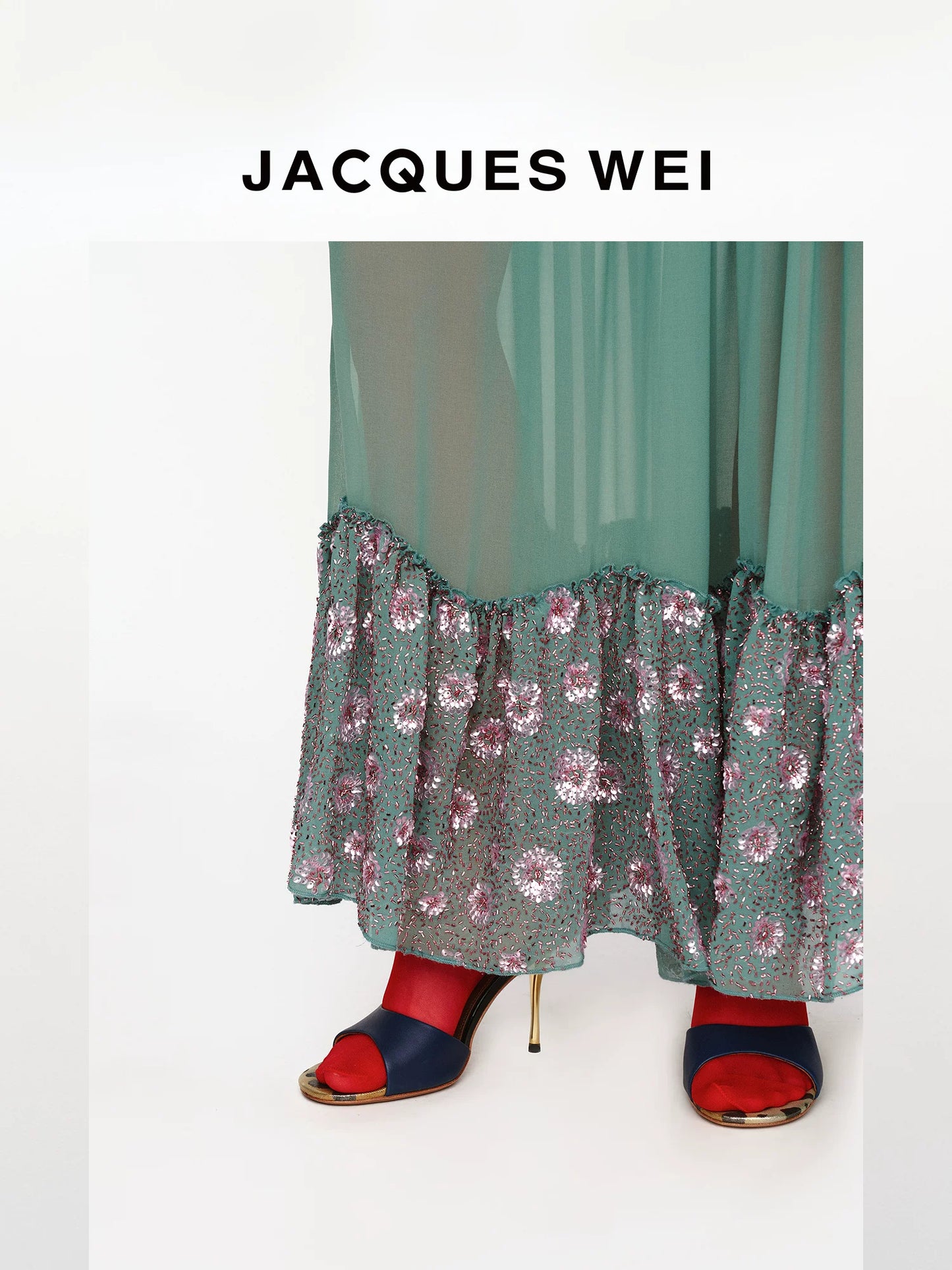 Aqua Green Sequin-Embroidered Pleated Maxi Skirt