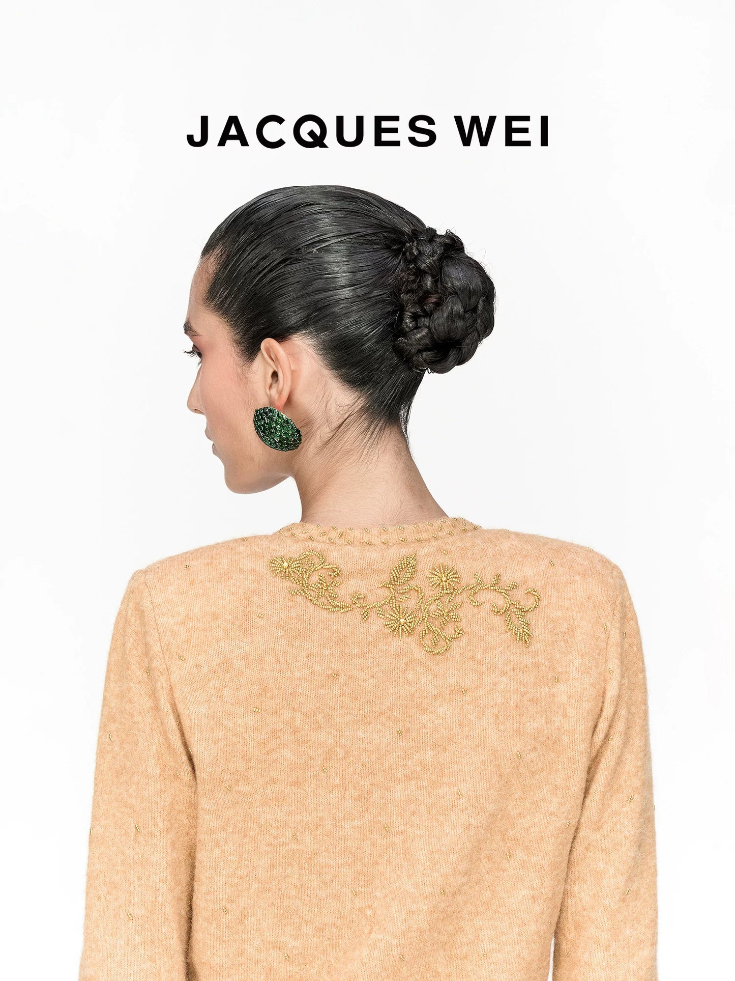 Handcrafted Floral Beaded Wool Cardigan in Light Camel