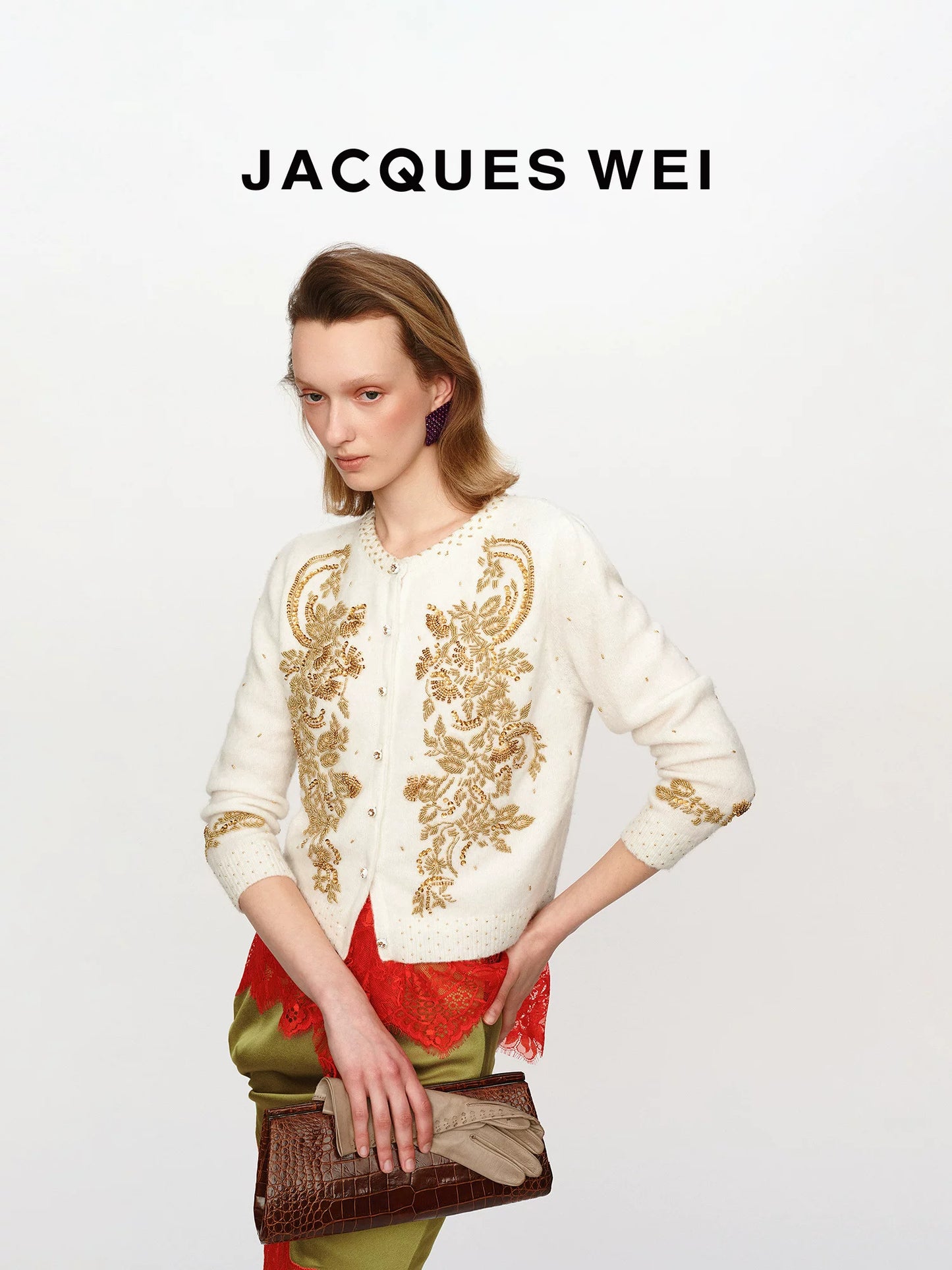 White Platinum Floral Beaded Wool Cardigan