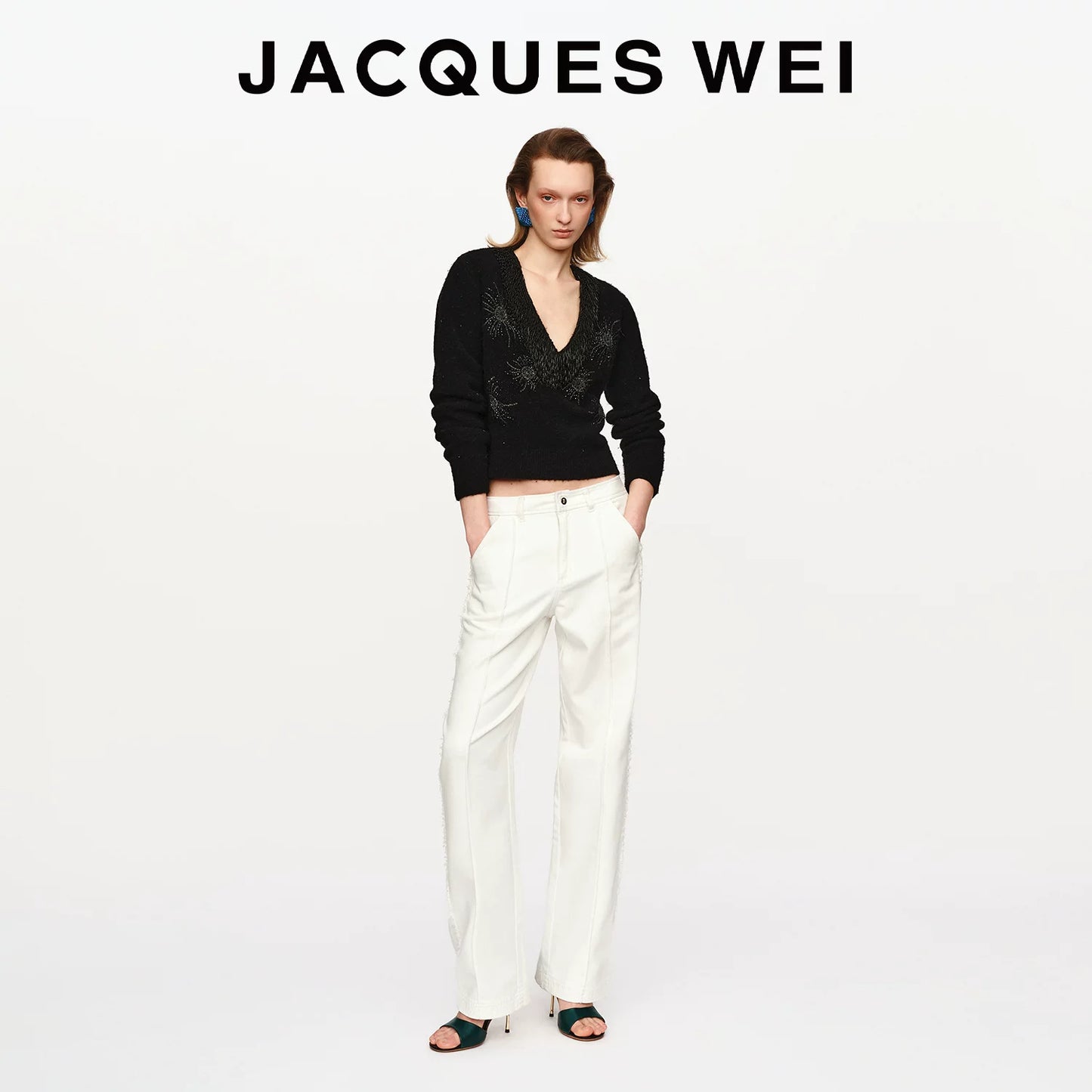 White Frayed-Hem Straight-Leg Trousers