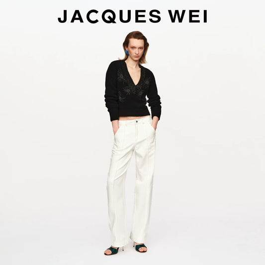 White Frayed-Hem Straight-Leg Trousers