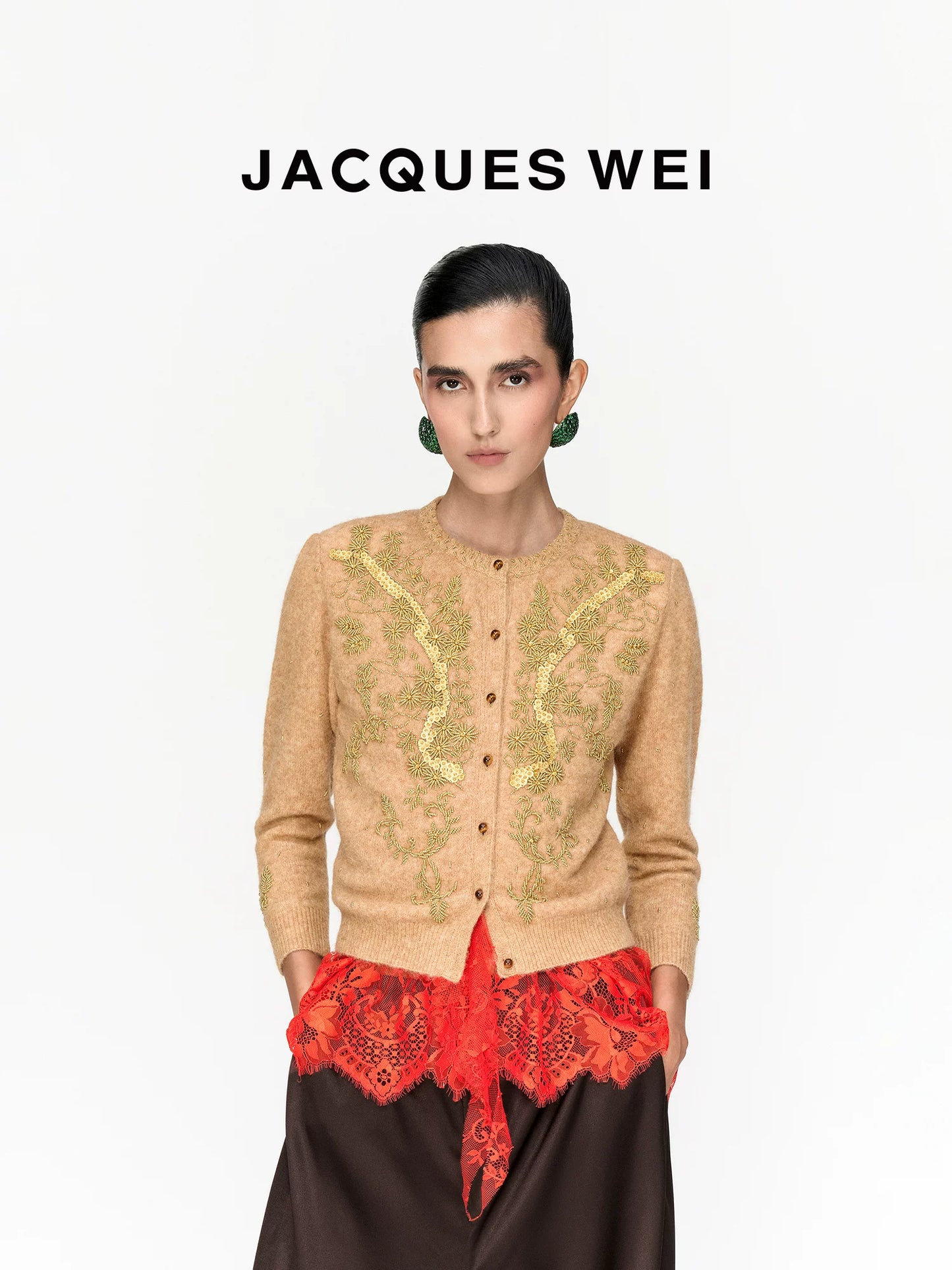 Handcrafted Floral Beaded Wool Cardigan in Light Camel
