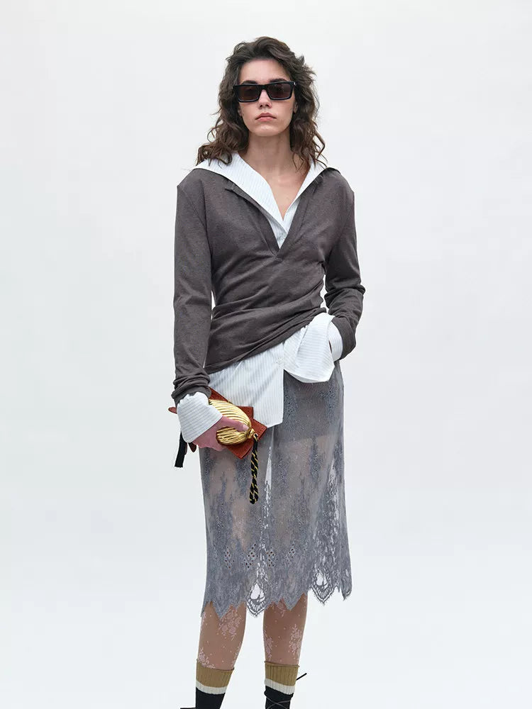 Grey Draped Pleated Midi Skirt