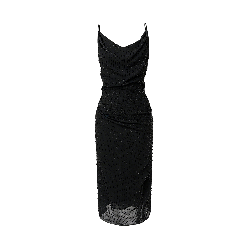 Black Beaded Draped Halter Dress