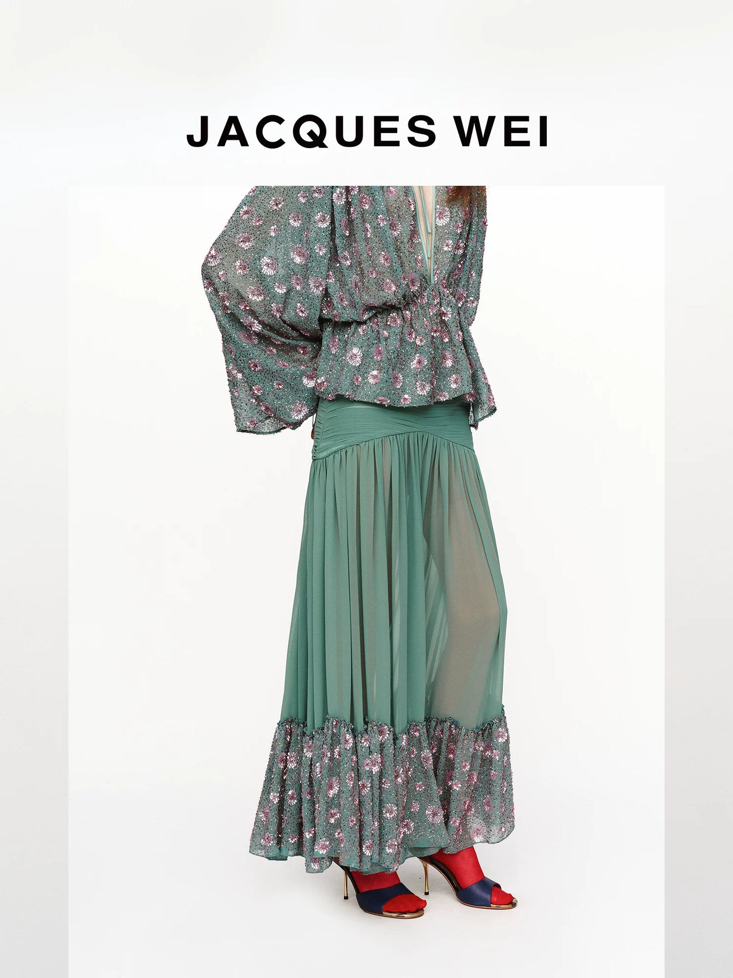 Aqua Green Sequin-Embroidered Pleated Maxi Skirt