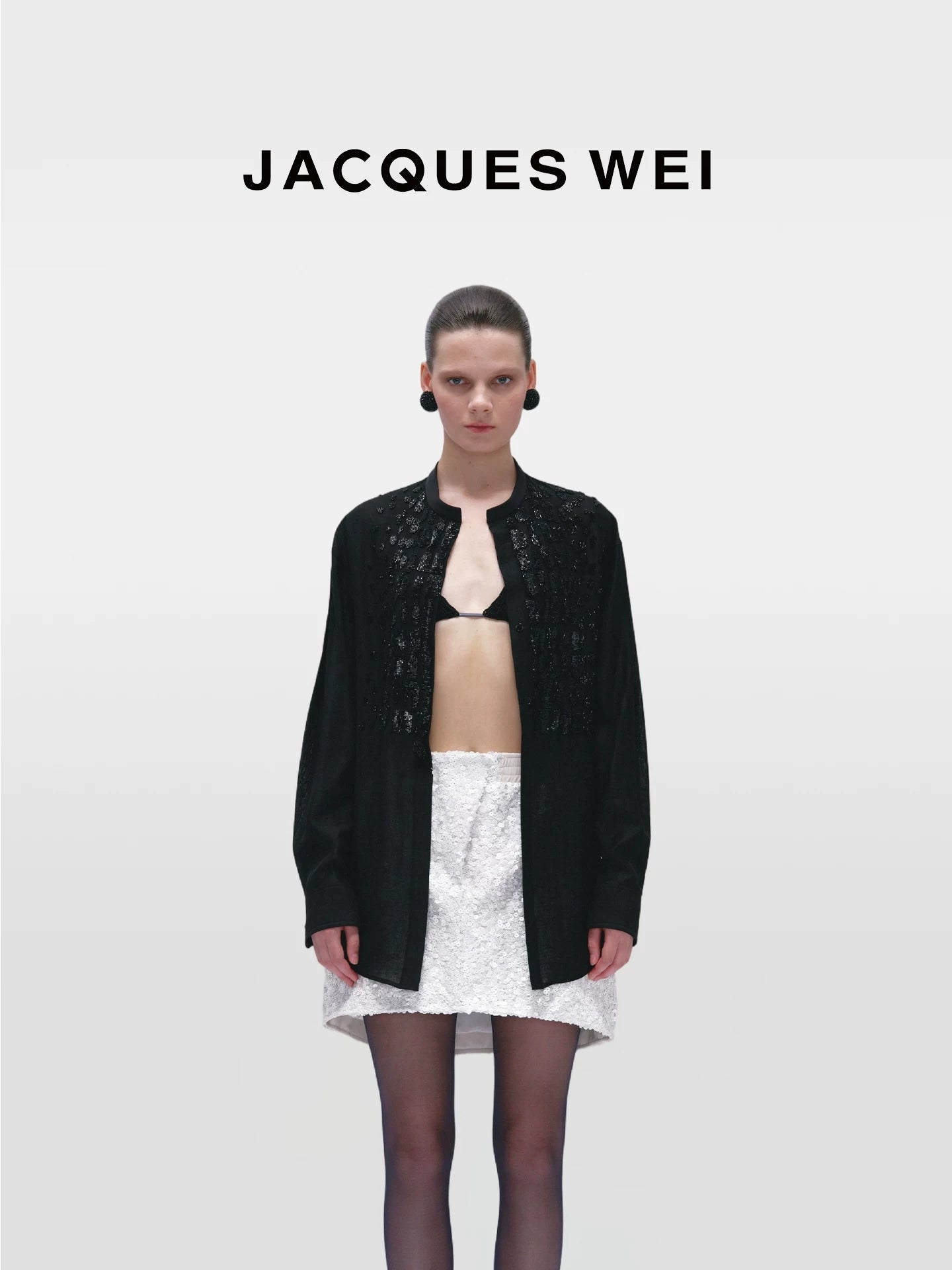 Black Crocodile-Embossed Beaded Collarless Shirt