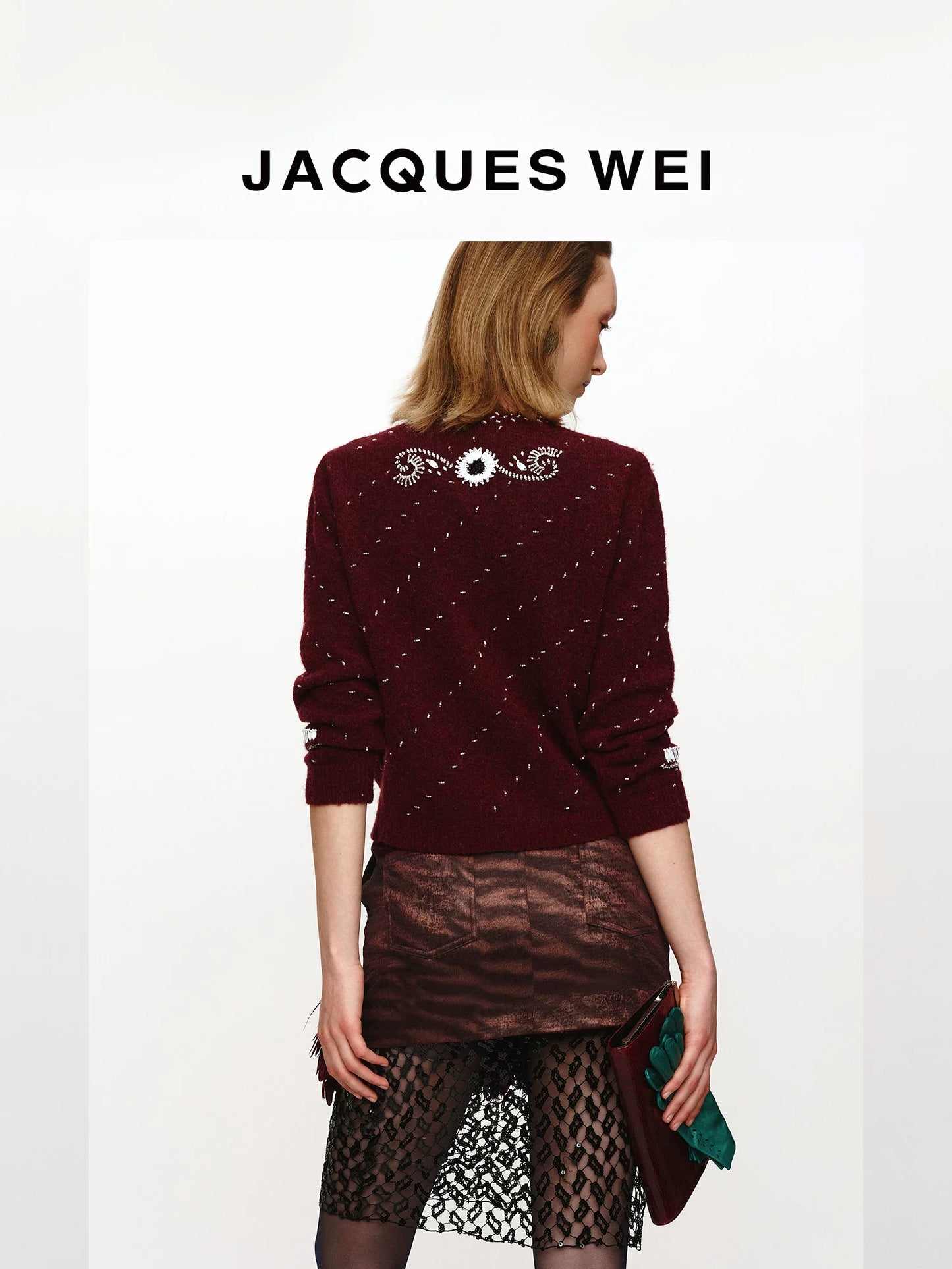 Burgundy Floral Lace-Trim Sheer Sequin Skirt