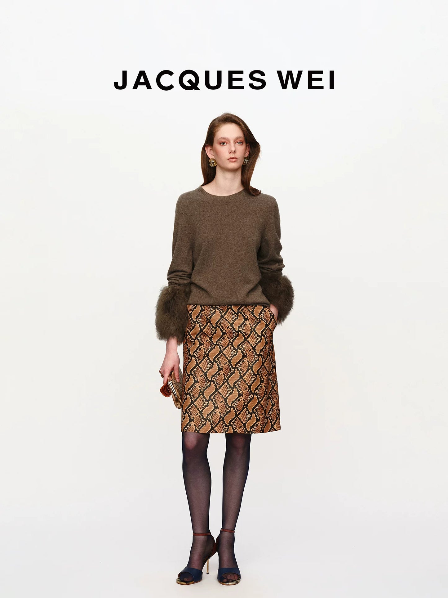 Brown Snake Embossed Leather Midi Skirt