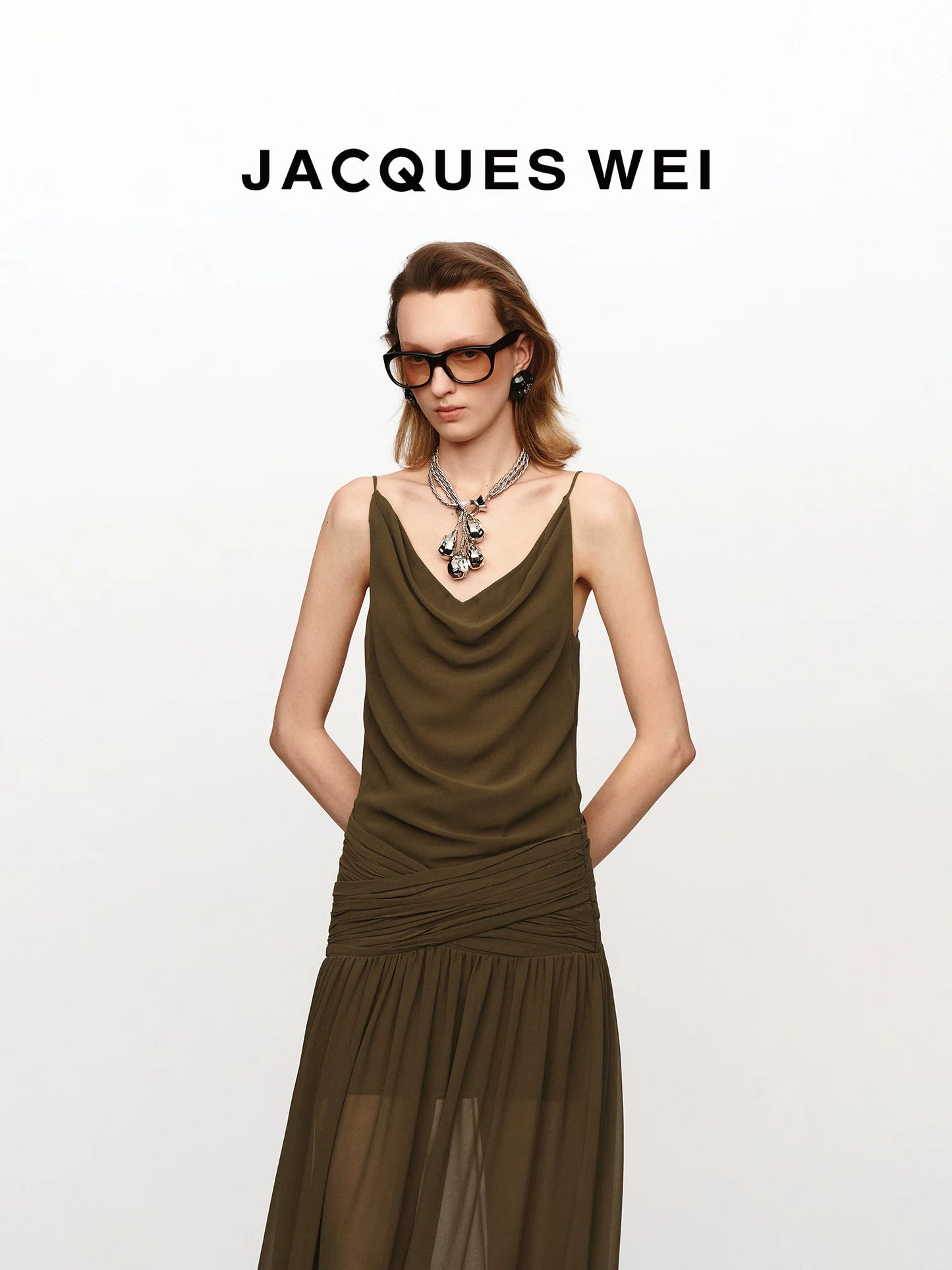 Olive Green Ruched-Waist Sheer Suspender Dress