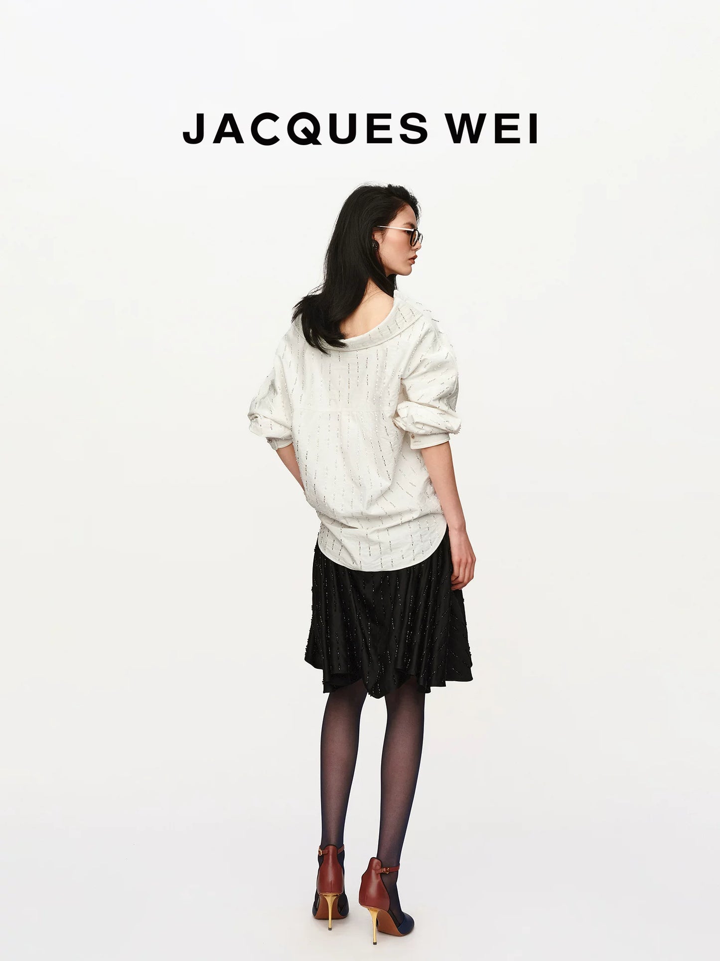 White Beaded Floral-Button Drop-Shoulder Shirt