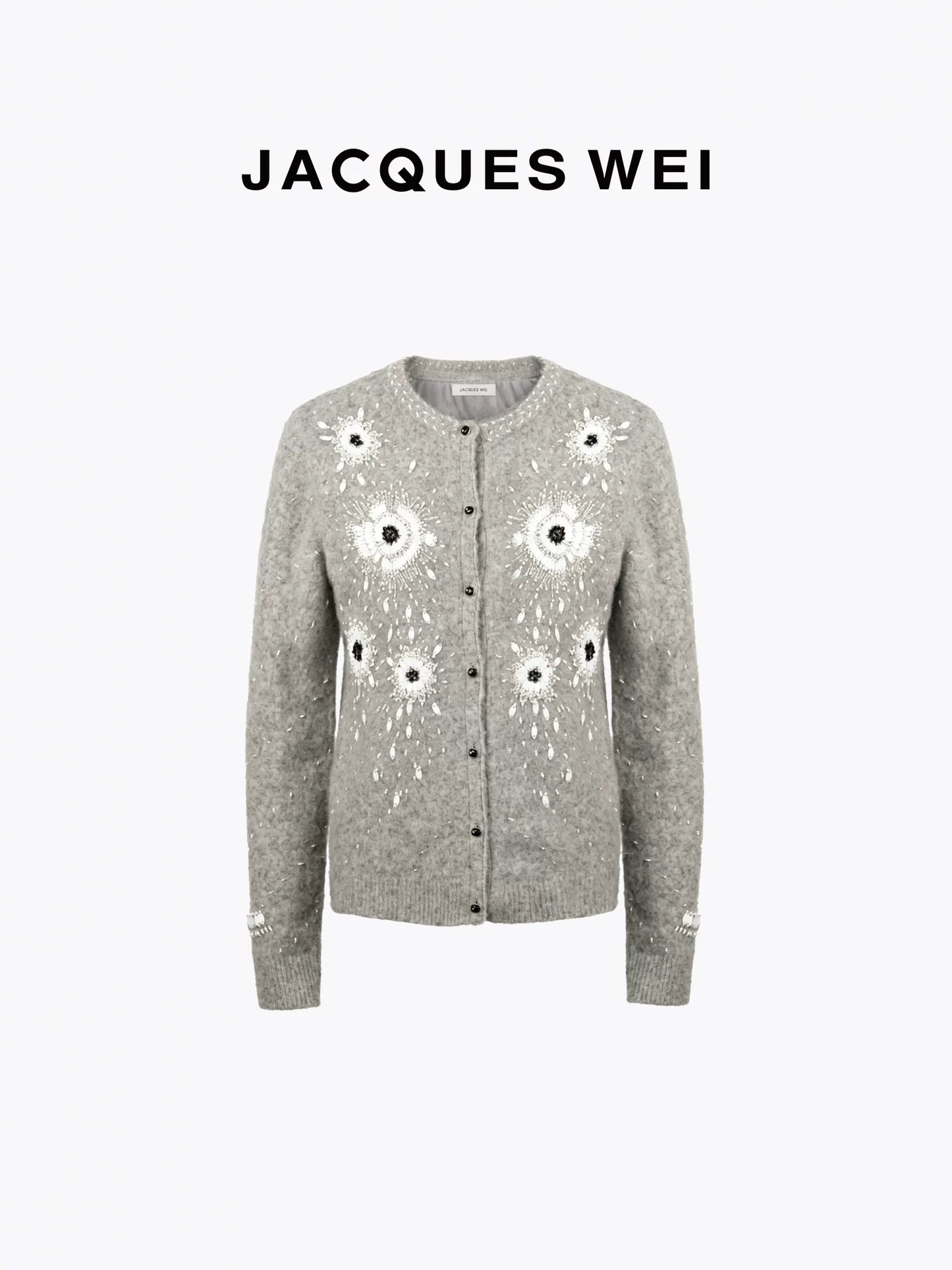 Gray Floral Beaded Wool Cardigan
