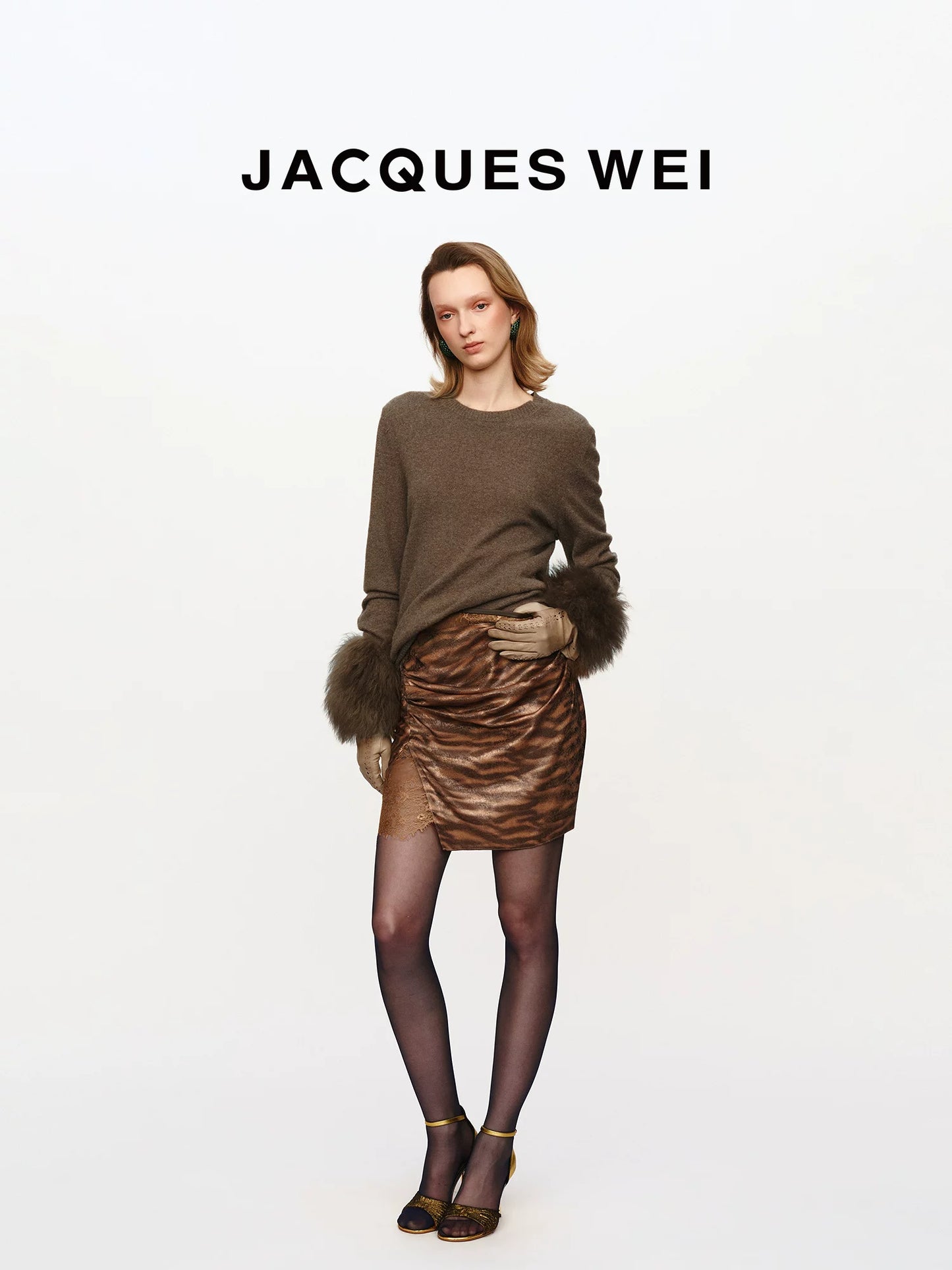 Coffee Floral Jacquard Silk-Panel Pleated Midi Skirt