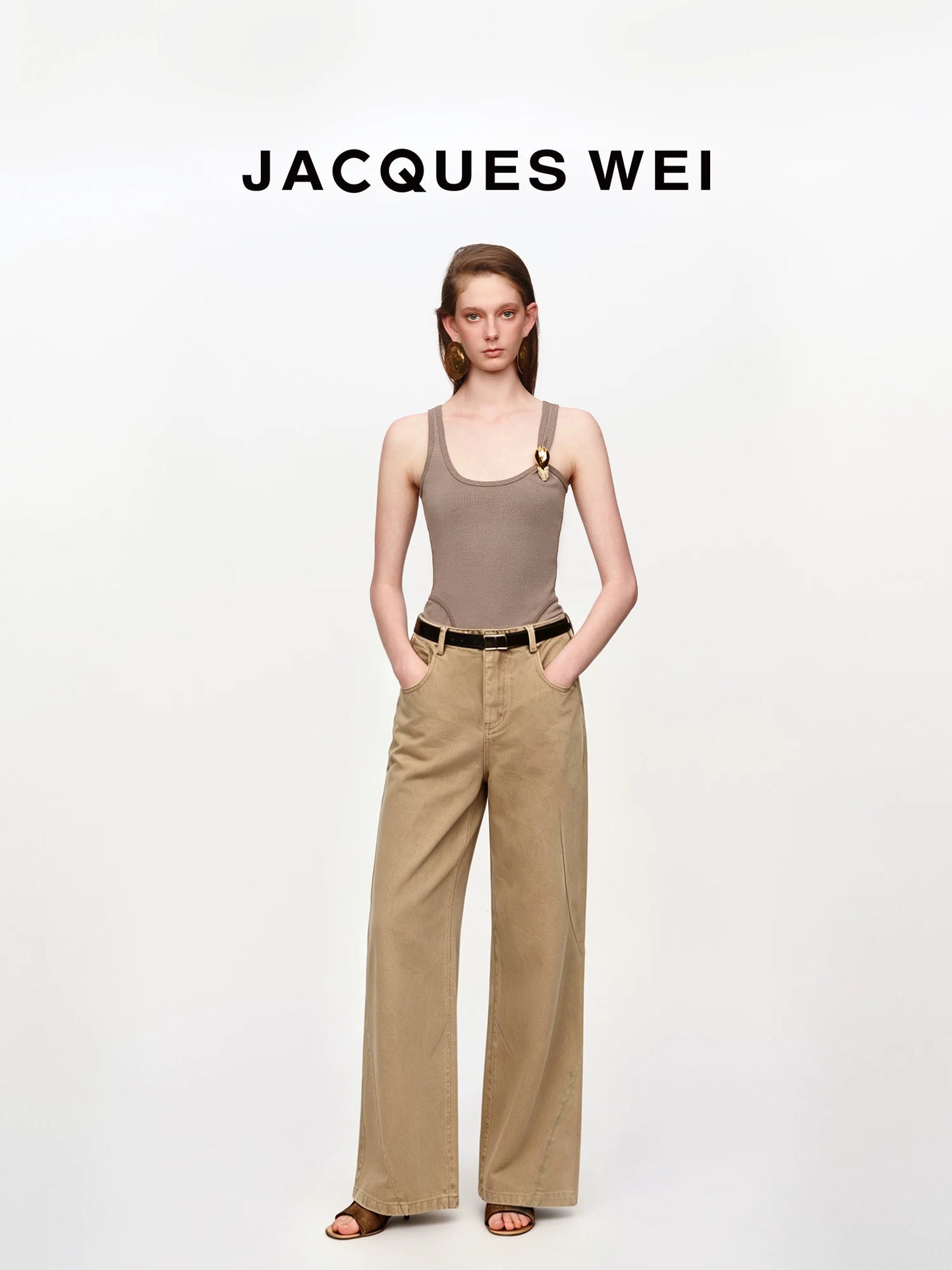 Khaki Casual Wide-Leg Trousers
