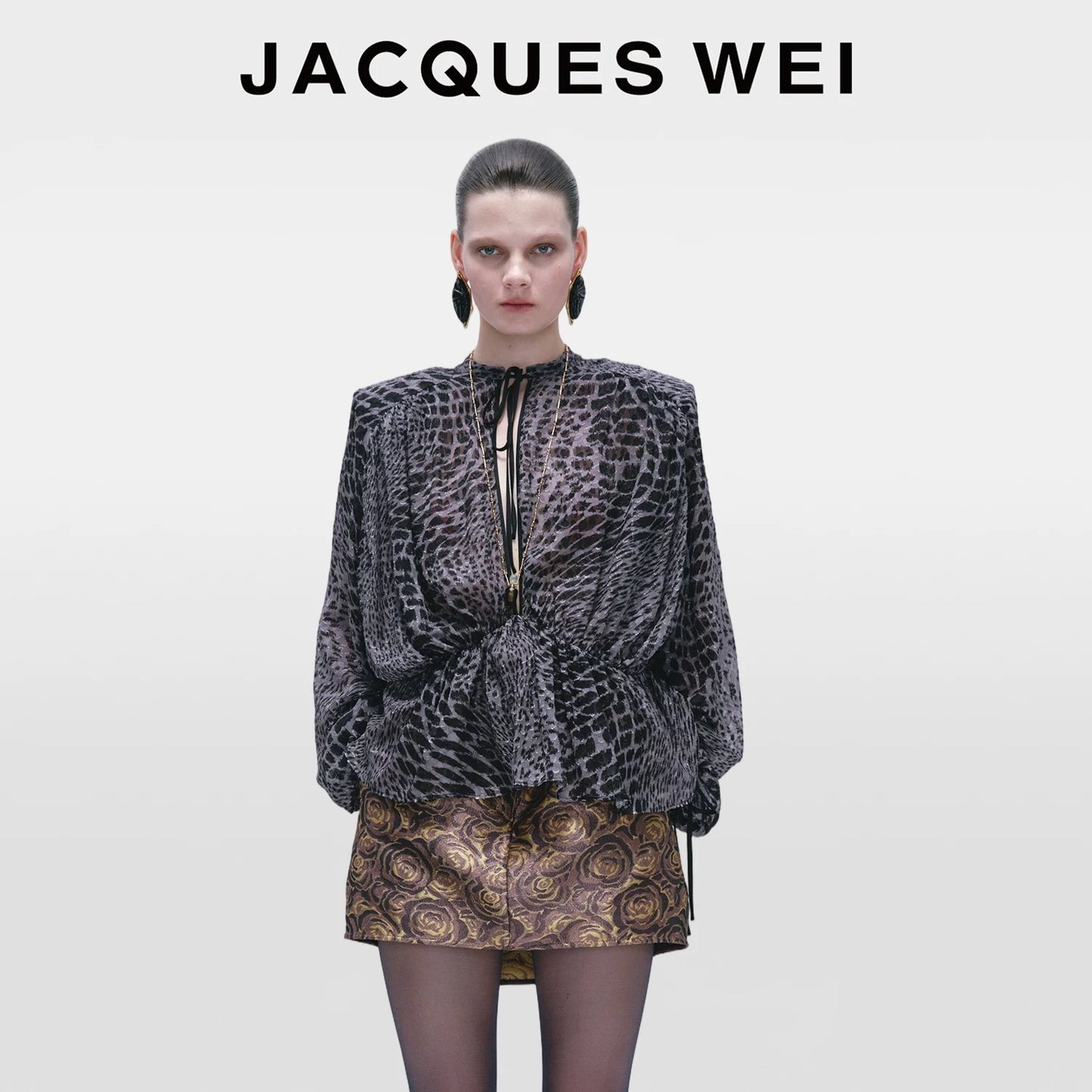Dark Grey Fish Scale Print Silk Blouse