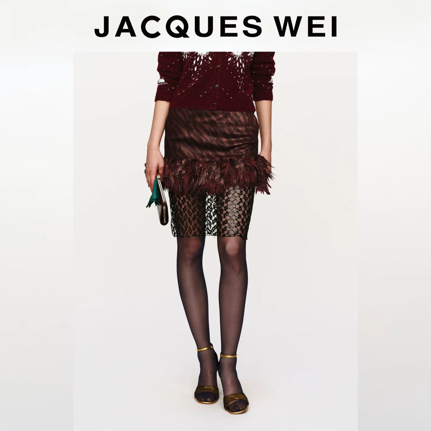 Burgundy Floral Lace-Trim Sheer Sequin Skirt